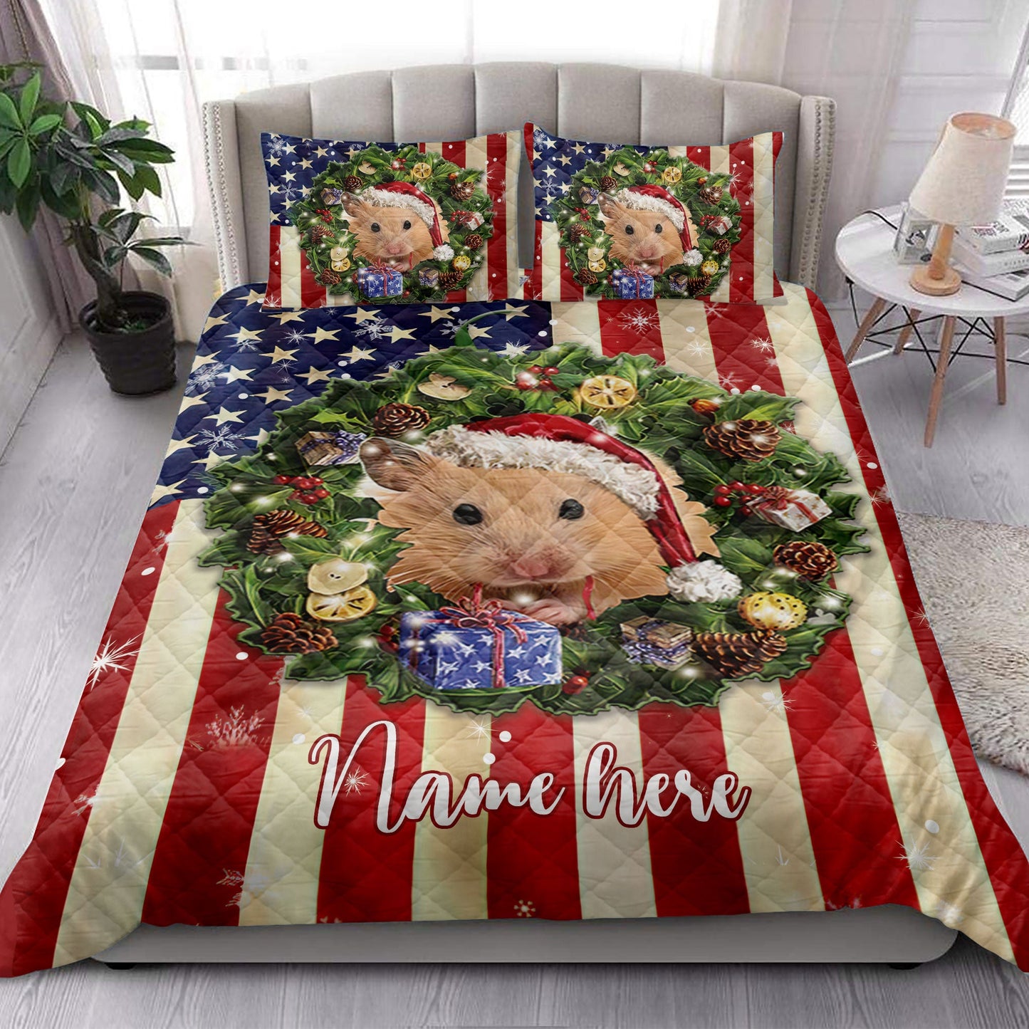 Personalized Hamster Quilt Set, Hamster Wearingmas Hat Wreath Quilt Blanket With Pillowcases, Custom Name Quilt Bedding Set, Christmas Gift
