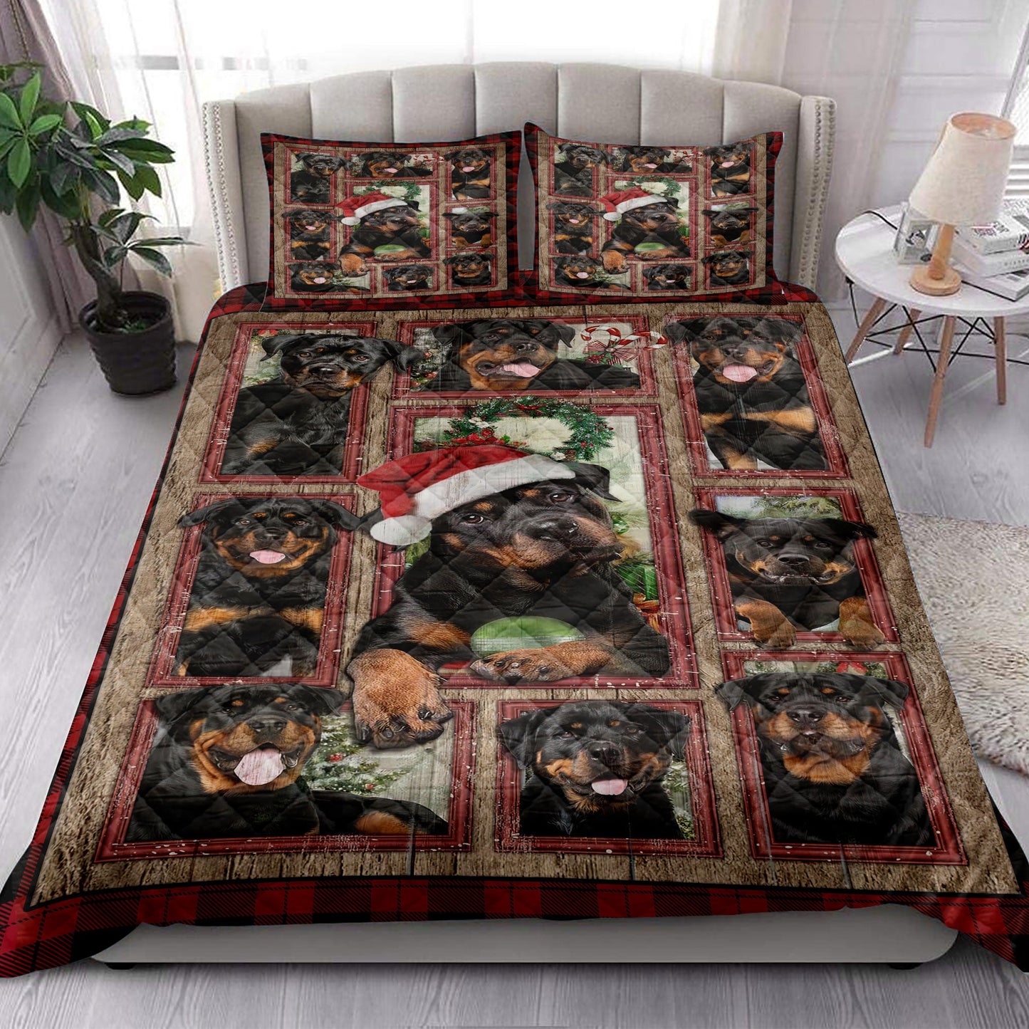 Rottweiler Quilt Set, Rottweilermas With Santa Hat Patchwork Window Red Quilt Blanket With Pillowcases, Quilt Bedding Set, Christmas Gift