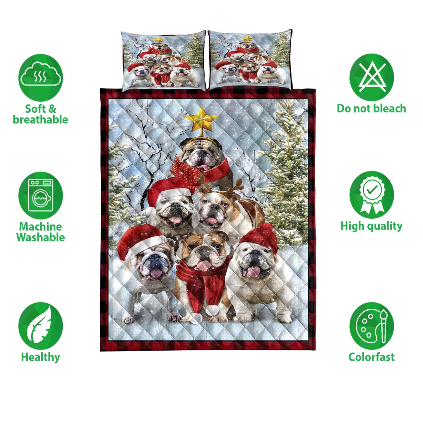 English Bulldog Quilt Set, English Bulldogmas Tree With Santa Hat Snowflake Red Quilt Blanket With Pillowcases, Quilt Bedding Set, Christmas Gift