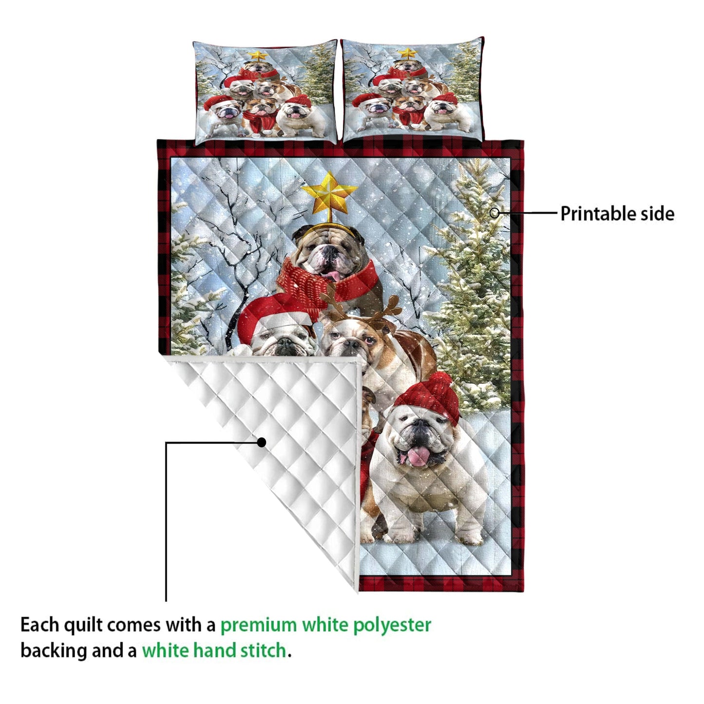 English Bulldog Quilt Set, English Bulldogmas Tree With Santa Hat Snowflake Red Quilt Blanket With Pillowcases, Quilt Bedding Set, Christmas Gift