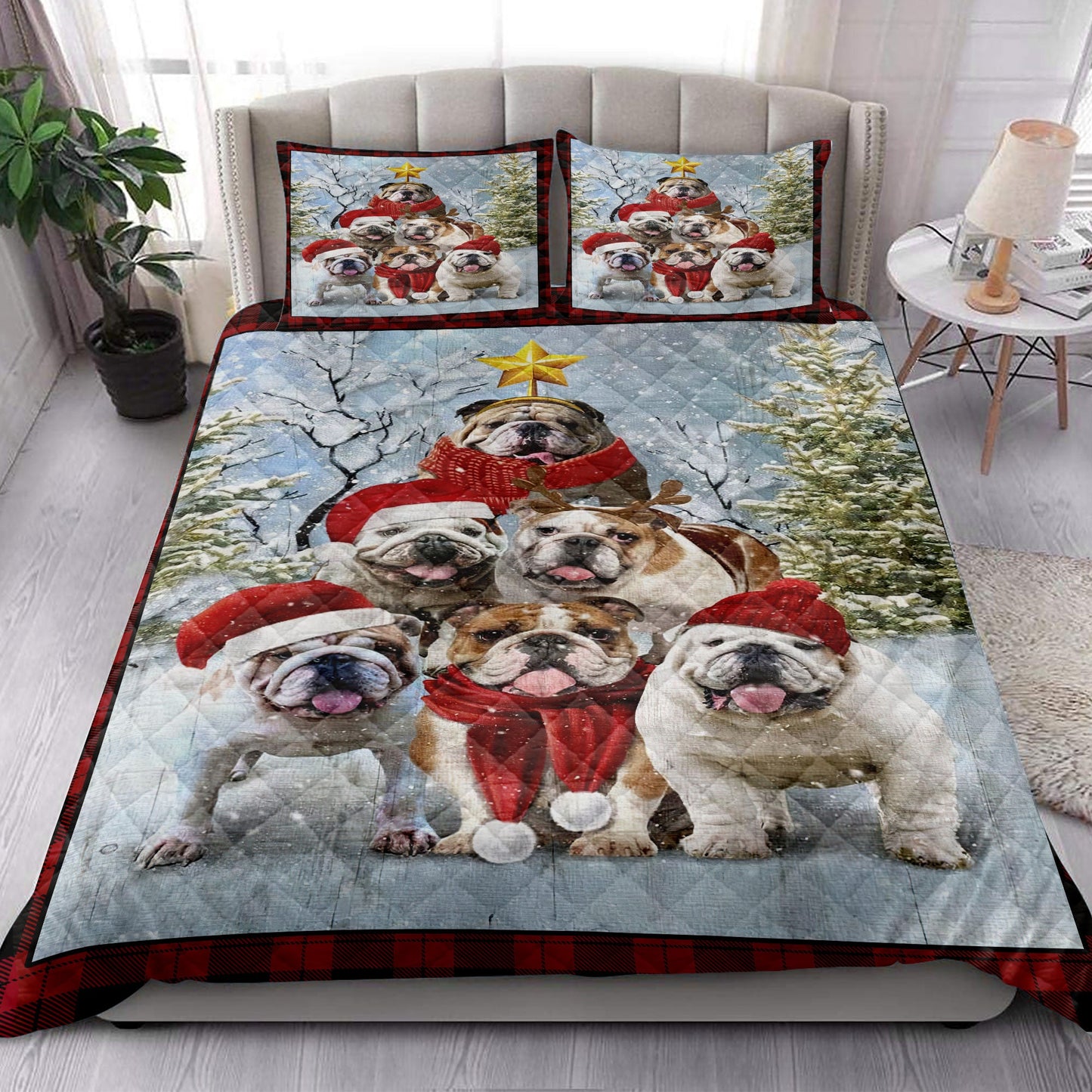 English Bulldog Quilt Set, English Bulldogmas Tree With Santa Hat Snowflake Red Quilt Blanket With Pillowcases, Quilt Bedding Set, Christmas Gift
