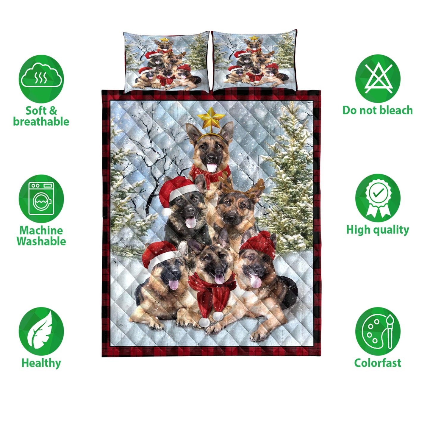 German Shepherd Quilt Set, German Shepherdmas Tree With Santa Hat Snowflake Red Quilt Blanket With Pillowcases, Quilt Bedding Set, Christmas Gift