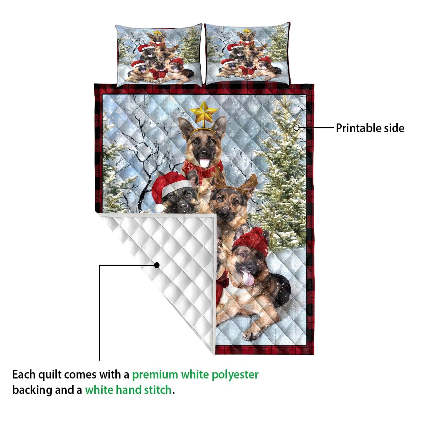 German Shepherd Quilt Set, German Shepherdmas Tree With Santa Hat Snowflake Red Quilt Blanket With Pillowcases, Quilt Bedding Set, Christmas Gift