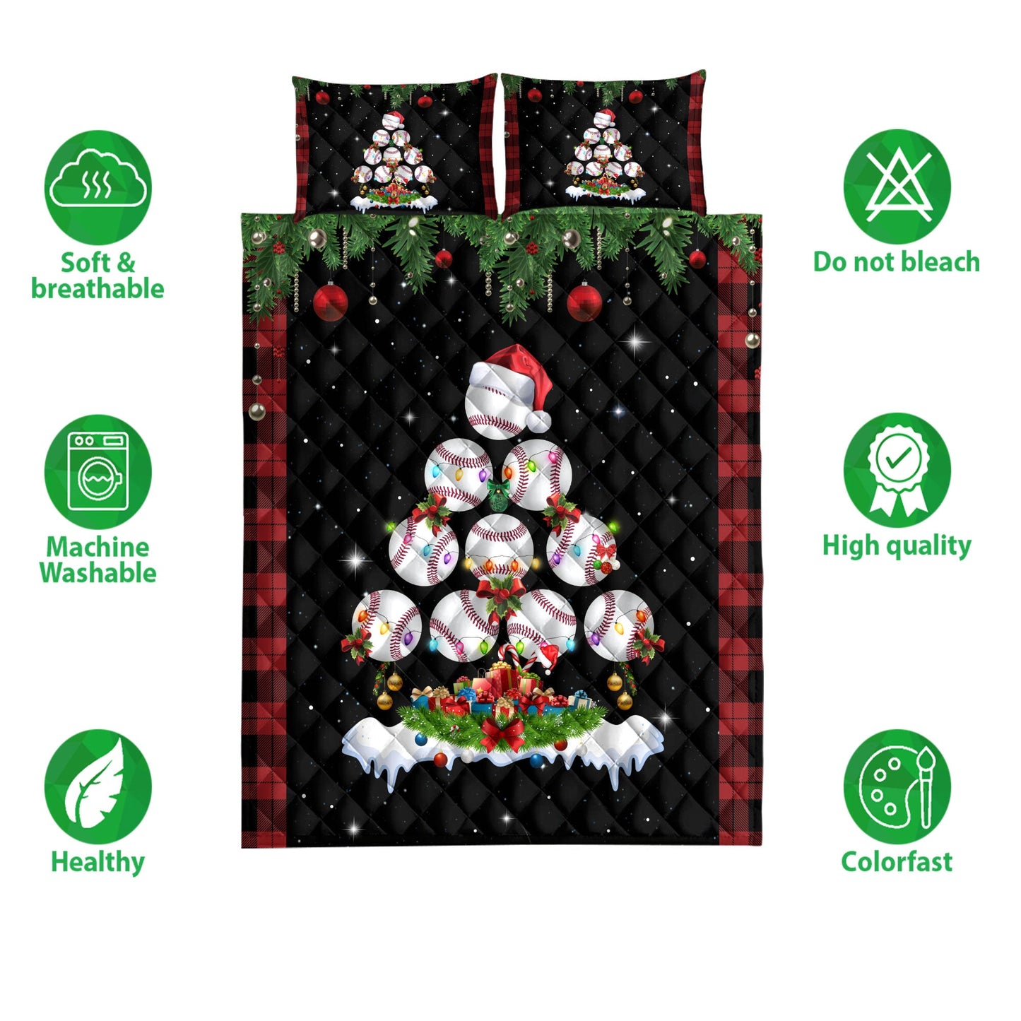 Baseball Quilt Set, Baseballmas Tree Snowflake Box Red Buffalo Plaid Quilt Blanket With Pillowcases, Quilt Bedding Set, Christmas Gift, Sports Gifts