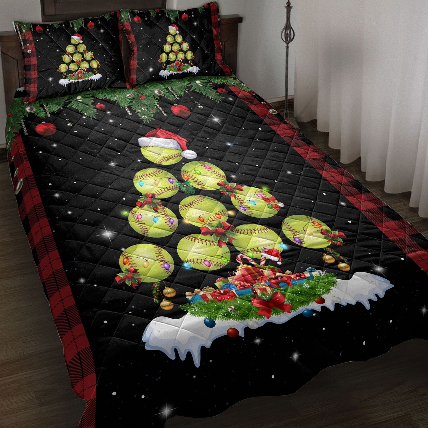 Softball Quilt Set, Softballmas Tree Snowflake Box Red Buffalo Plaids Quilt Blanket With Pillowcases, Quilt Bedding Set, Christmas Gift