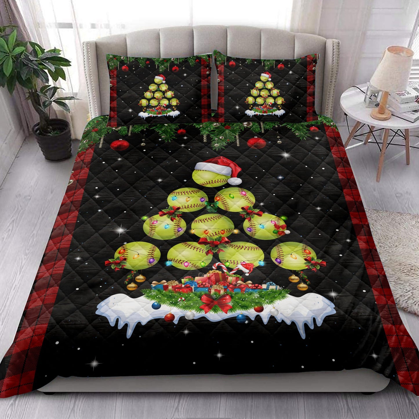 Softball Quilt Set, Softballmas Tree Snowflake Box Red Buffalo Plaids Quilt Blanket With Pillowcases, Quilt Bedding Set, Christmas Gift