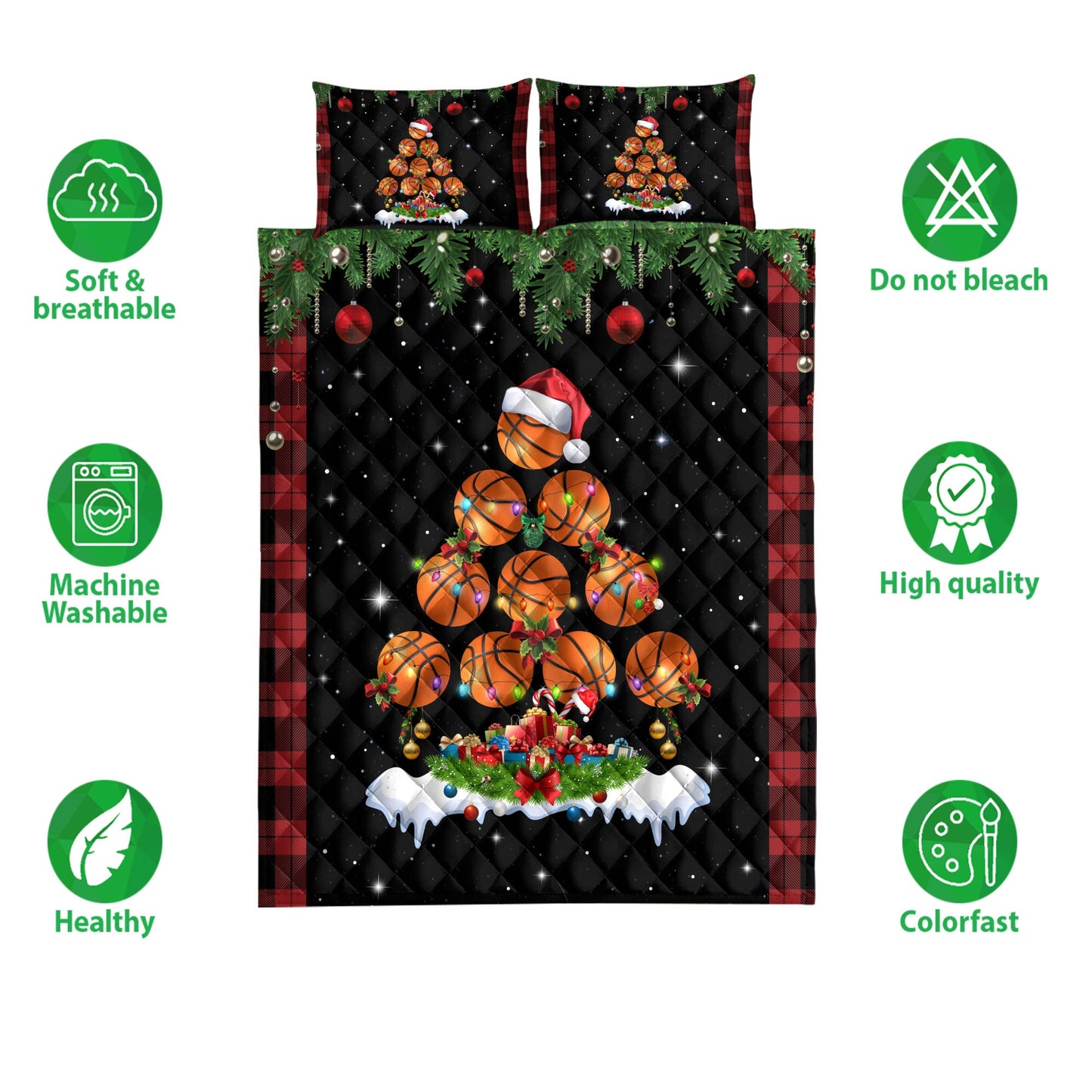 Basketball Quilt Set, Basketballmas Tree Snowflake Box Red Buffalo Plaids Quilt Blanket With Pillowcases, Quilt Bedding Set, Christmas Gift