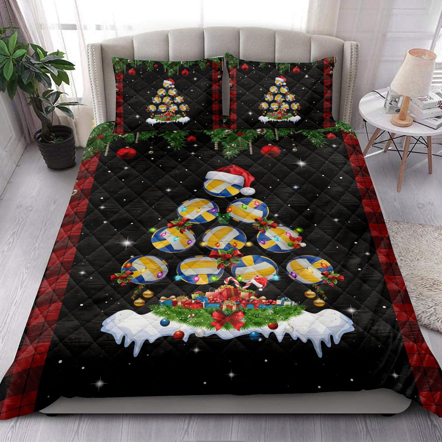 Volleyball Quilt Set, Volleyballmas Tree Snowflake Box Red Buffalo Plaids Quilt Blanket With Pillowcases, Quilt Bedding Set, Christmas Gift