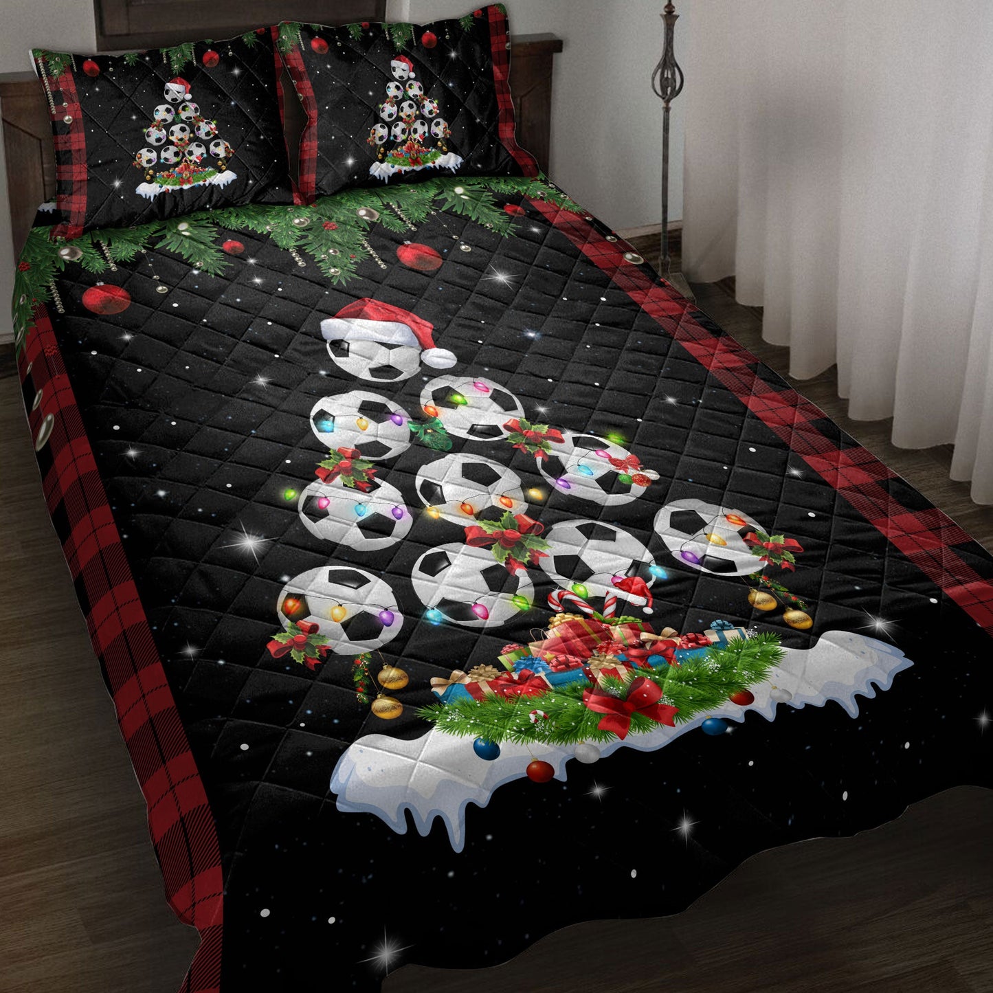 Soccer Quilt Set, Soccermas Tree Snowflake Box Red Buffalo Plaids Quilt Blanket With Pillowcases, Quilt Bedding Set, Christmas Gift