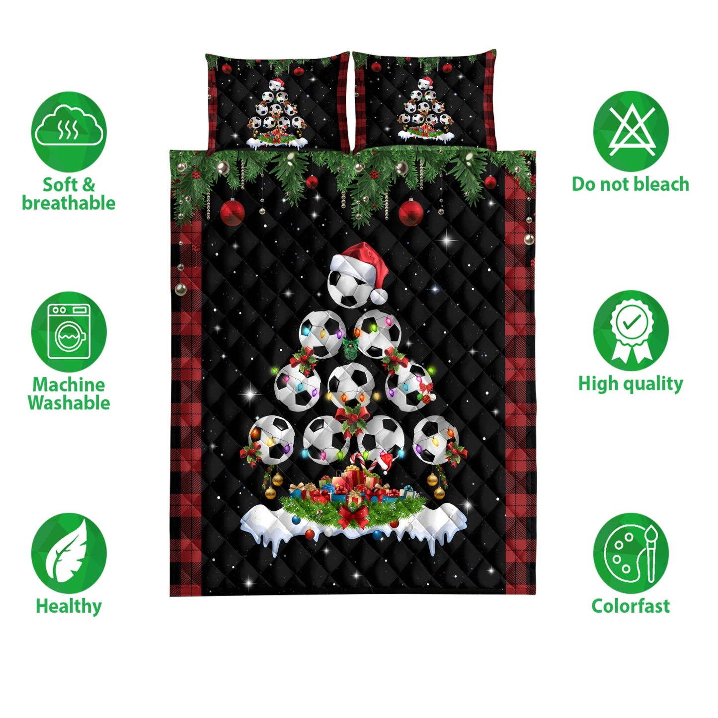Soccer Quilt Set, Soccermas Tree Snowflake Box Red Buffalo Plaids Quilt Blanket With Pillowcases, Quilt Bedding Set, Christmas Gift
