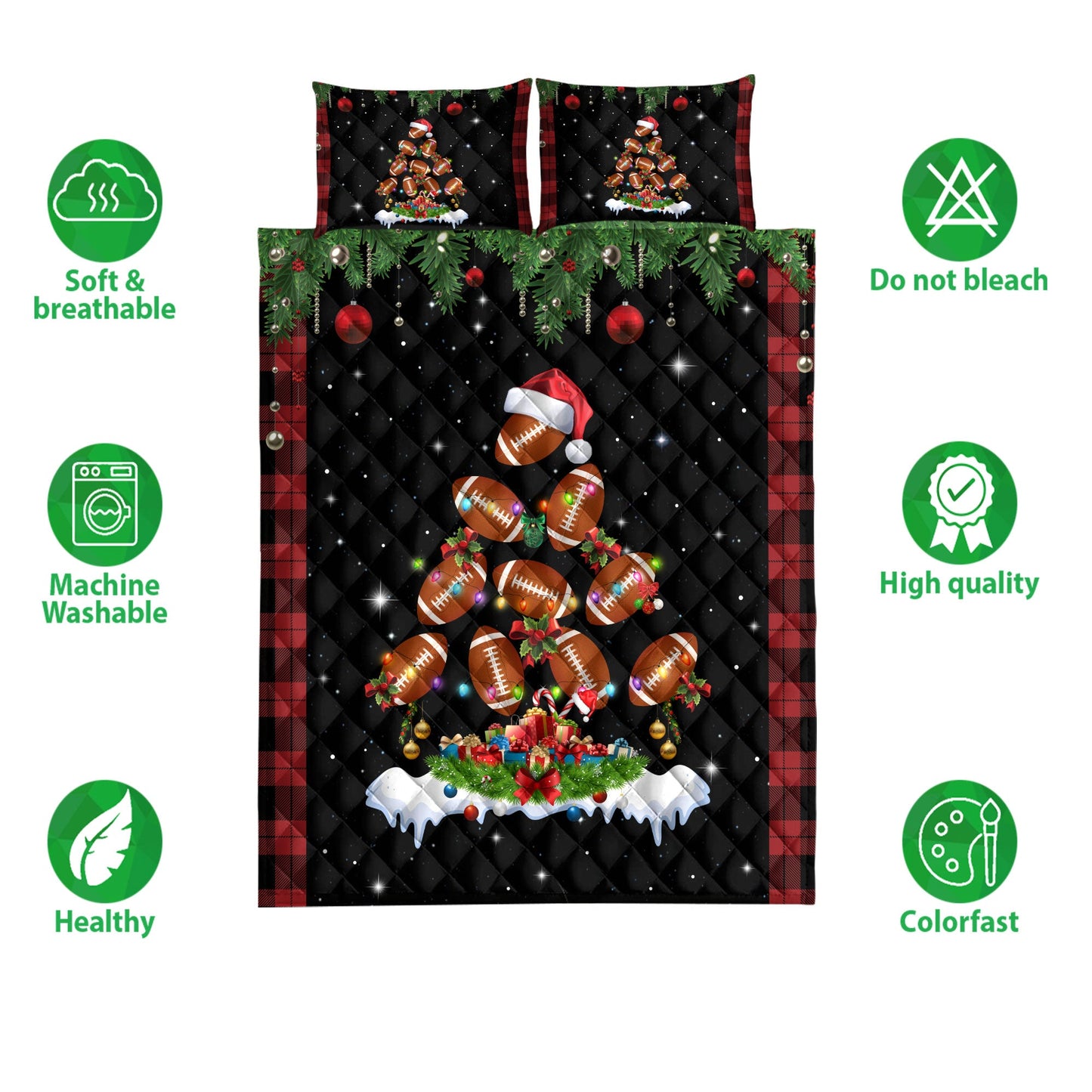 Football Quilt Set, Footballmas Tree Snowflake Box Red Buffalo Plaids Quilt Blanket With Pillowcases, Quilt Bedding Set, Christmas Gift