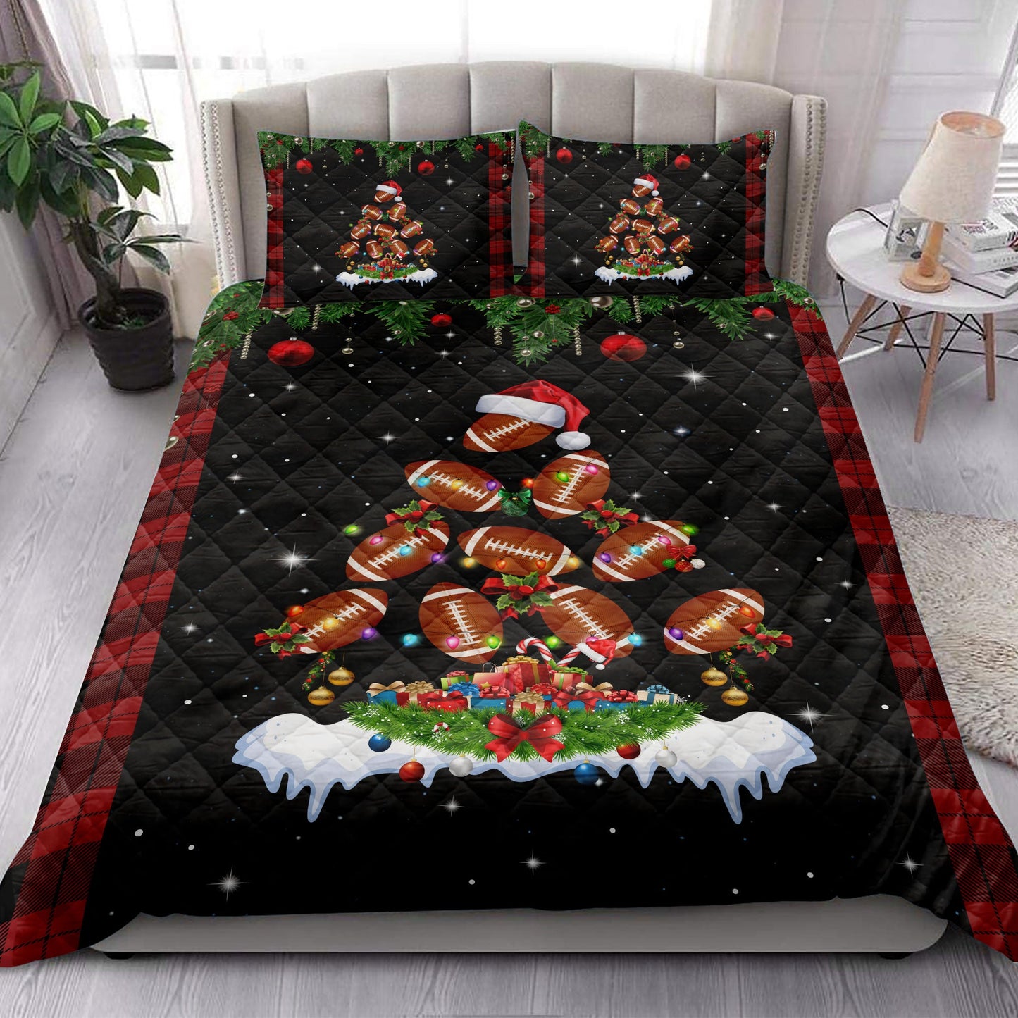 Football Quilt Set, Footballmas Tree Snowflake Box Red Buffalo Plaids Quilt Blanket With Pillowcases, Quilt Bedding Set, Christmas Gift