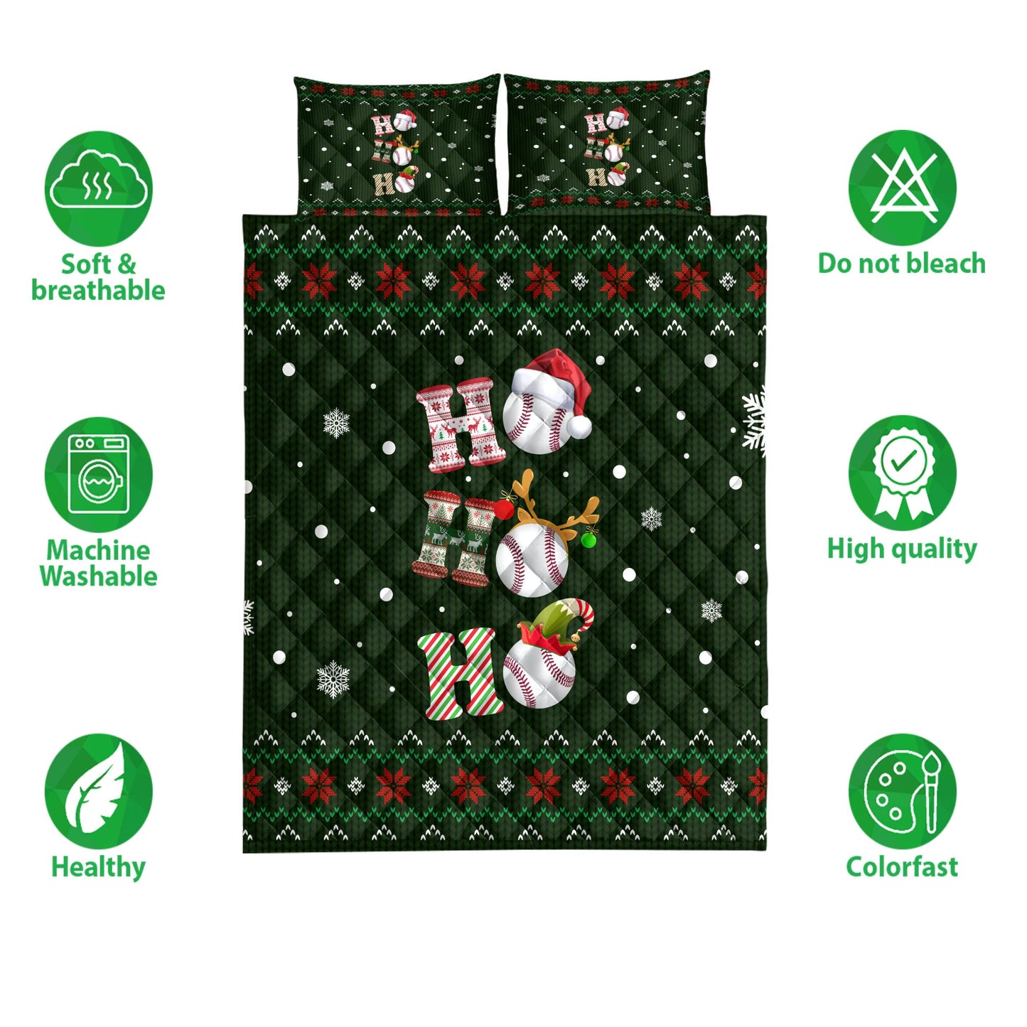 Baseball Quilt Set, Ho Ho Ho Baseball Santa Hatmas Snowflake Ugly Quilt Blanket With Pillowcases, Quilt Bedding Set, Christmas Gift, Sports Gifts