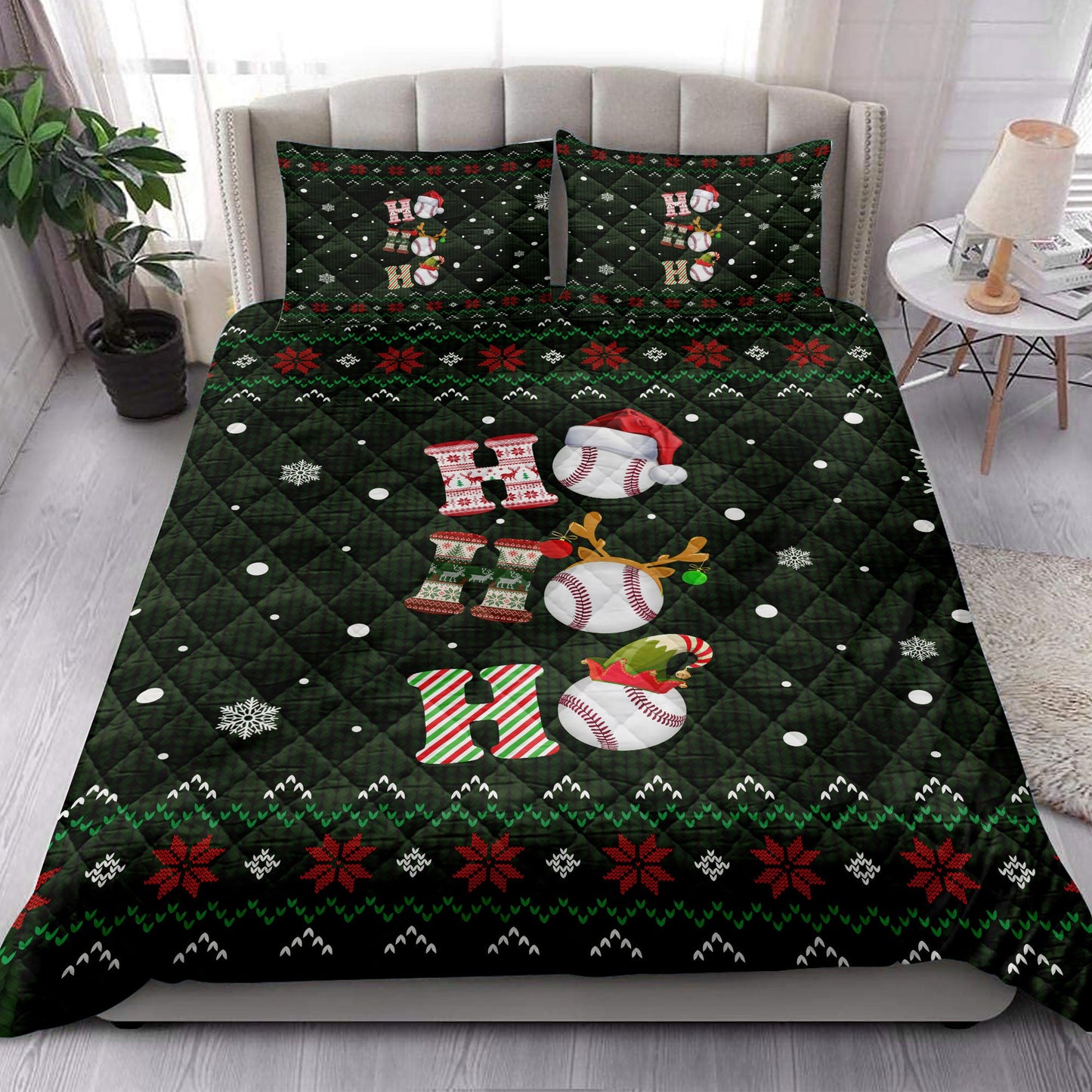 Baseball Quilt Set, Ho Ho Ho Baseball Santa Hatmas Snowflake Ugly Quilt Blanket With Pillowcases, Quilt Bedding Set, Christmas Gift, Sports Gifts