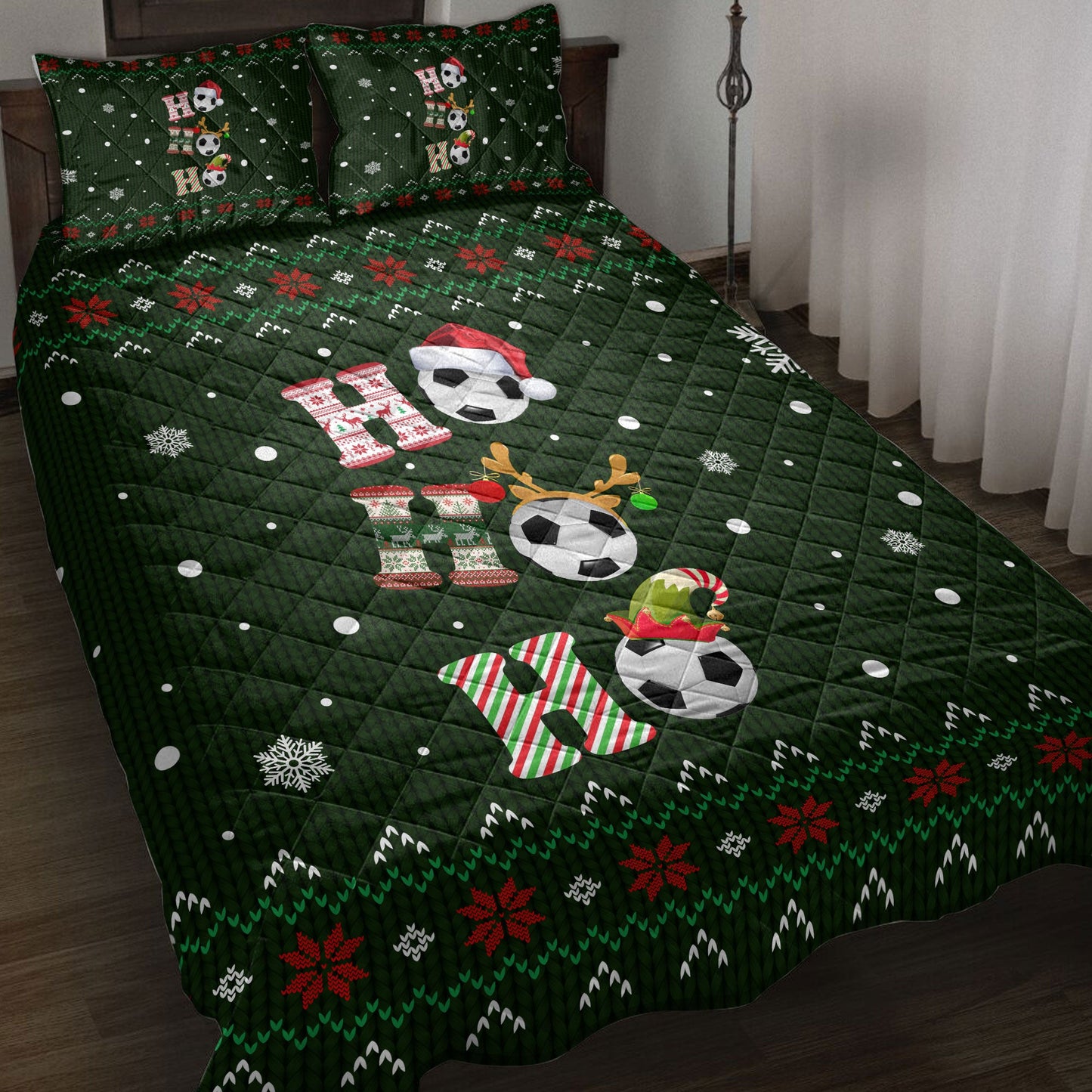 Soccer Quilt Set, Ho Ho Ho Soccer Santa Hatmas Snowflake Ugly Quilt Blanket With Pillowcases, Quilt Bedding Set, Christmas Gift