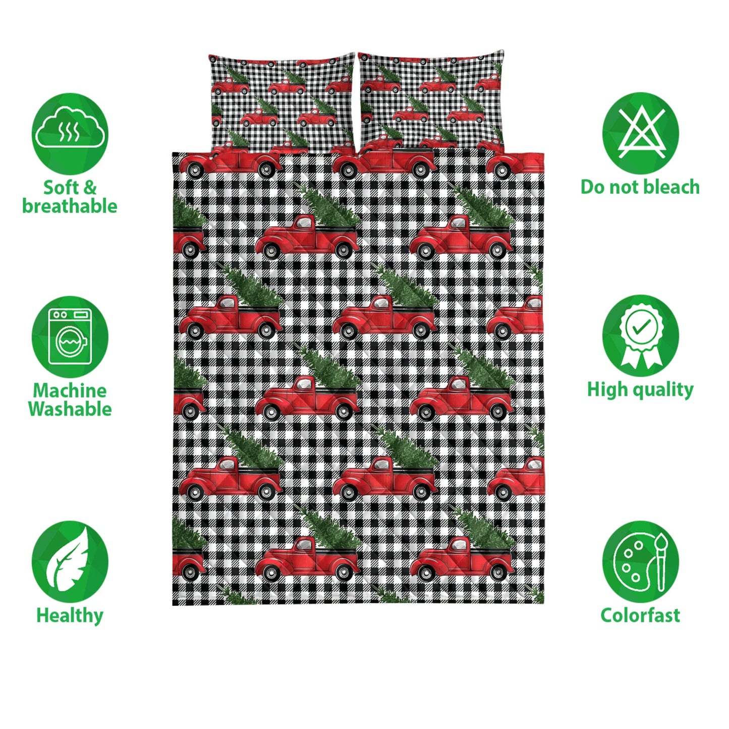 Christmas Quilt Set, Christmas Red Truck Pine Trees Buffalo Plaid Winter Holiday Quilt Blanket With Pillowcases, Quilt Bedding Set, Christmas Gift