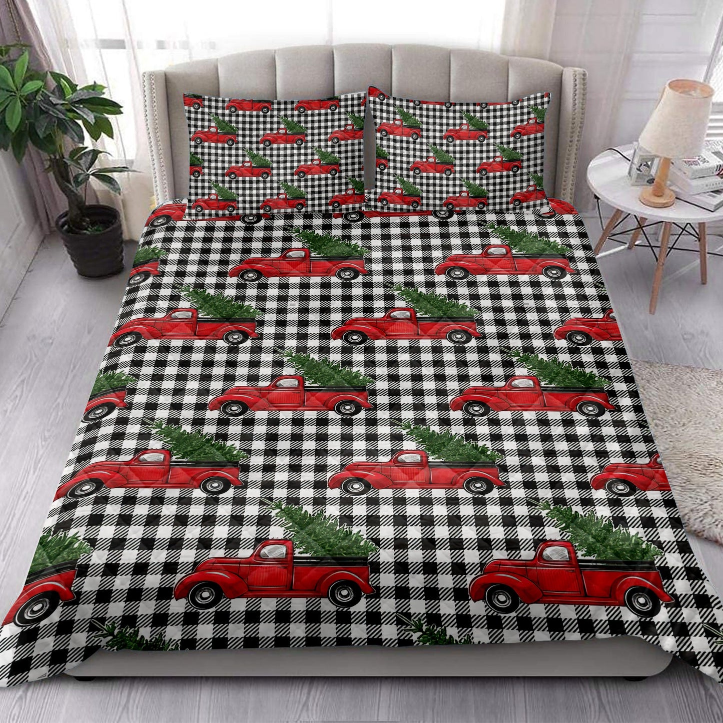 Christmas Quilt Set, Christmas Red Truck Pine Trees Buffalo Plaid Winter Holiday Quilt Blanket With Pillowcases, Quilt Bedding Set, Christmas Gift