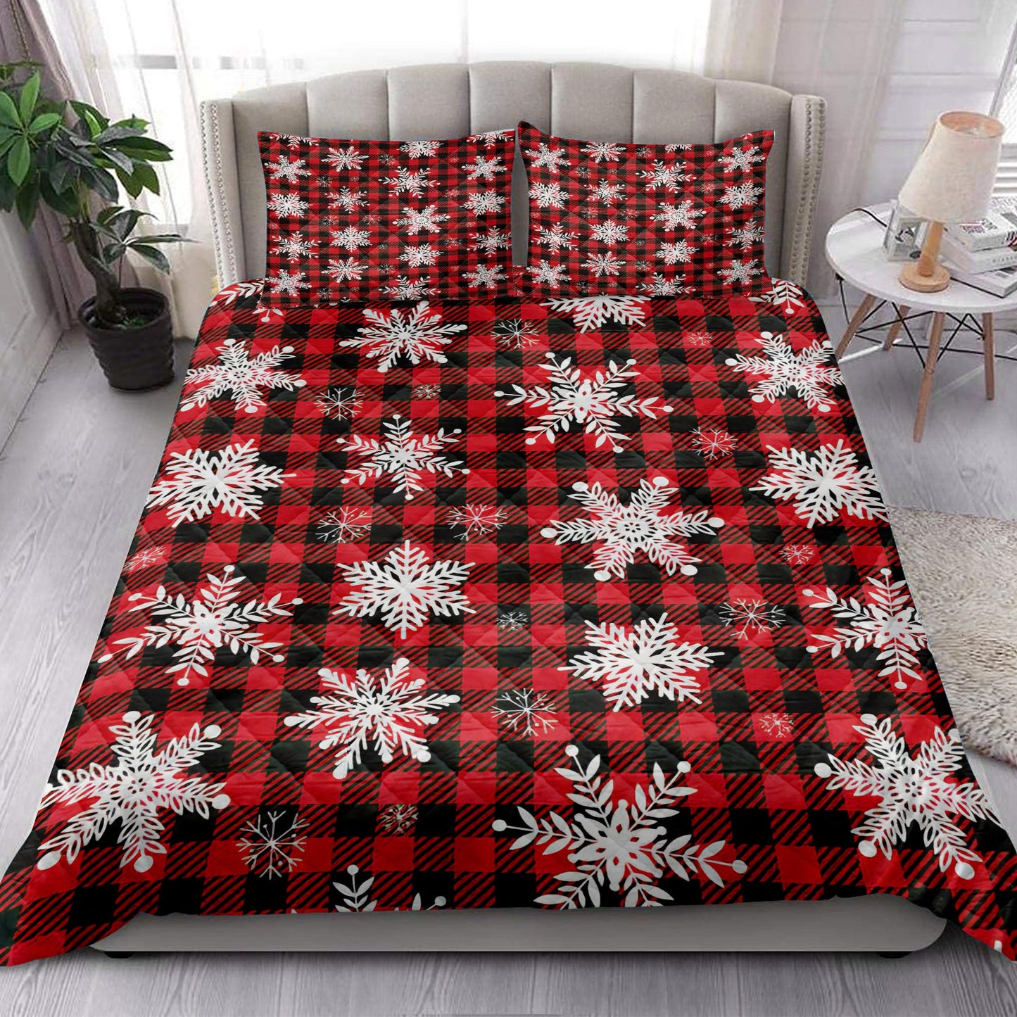 Christmas Quilt Set, Christmas Snowflake Red Buffalo Plaid Winter Holiday Quilt Blanket With Pillowcases, Quilt Bedding Set, Christmas Gift