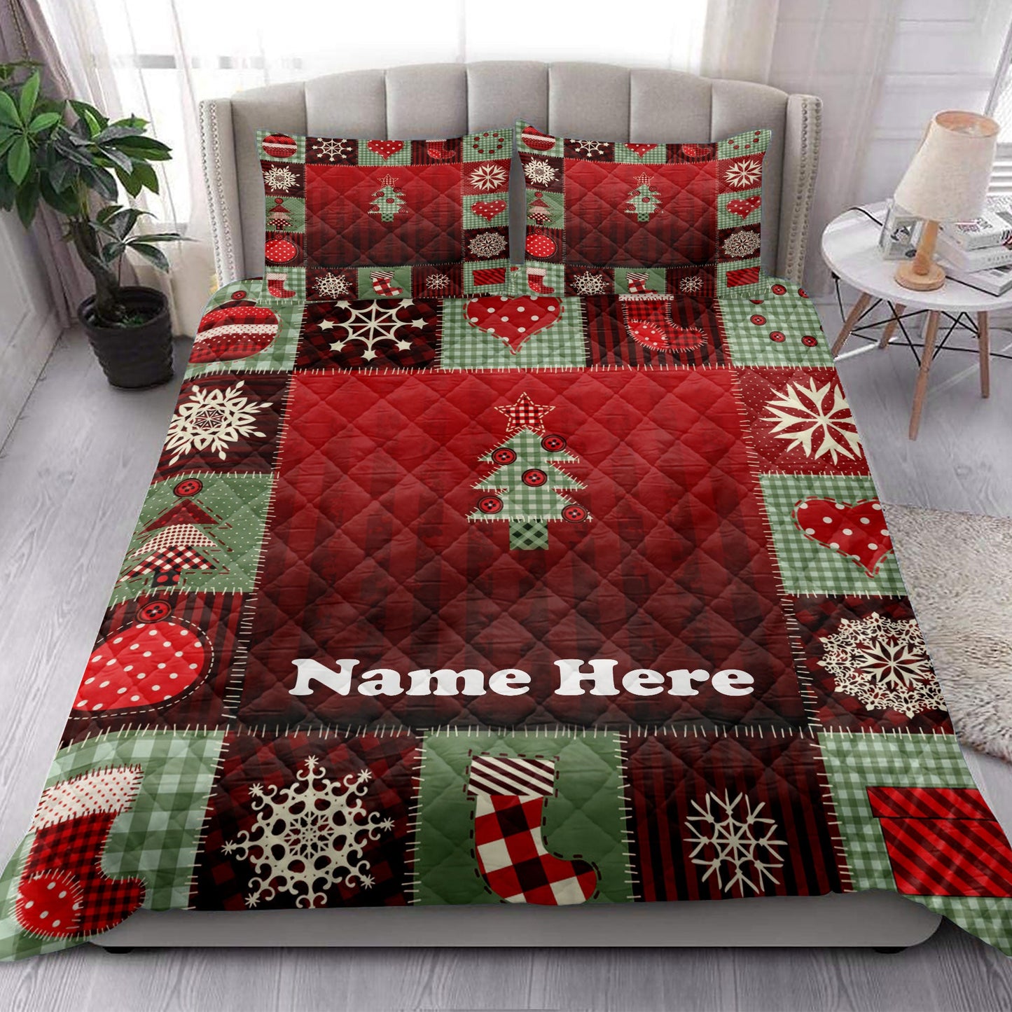 Personalized Christmas Quilt Set, Merrymas Patchwork Red Plaid Quilt Blanket With Pillowcases, Custom Name Quilt Bedding Set, Christmas Gift