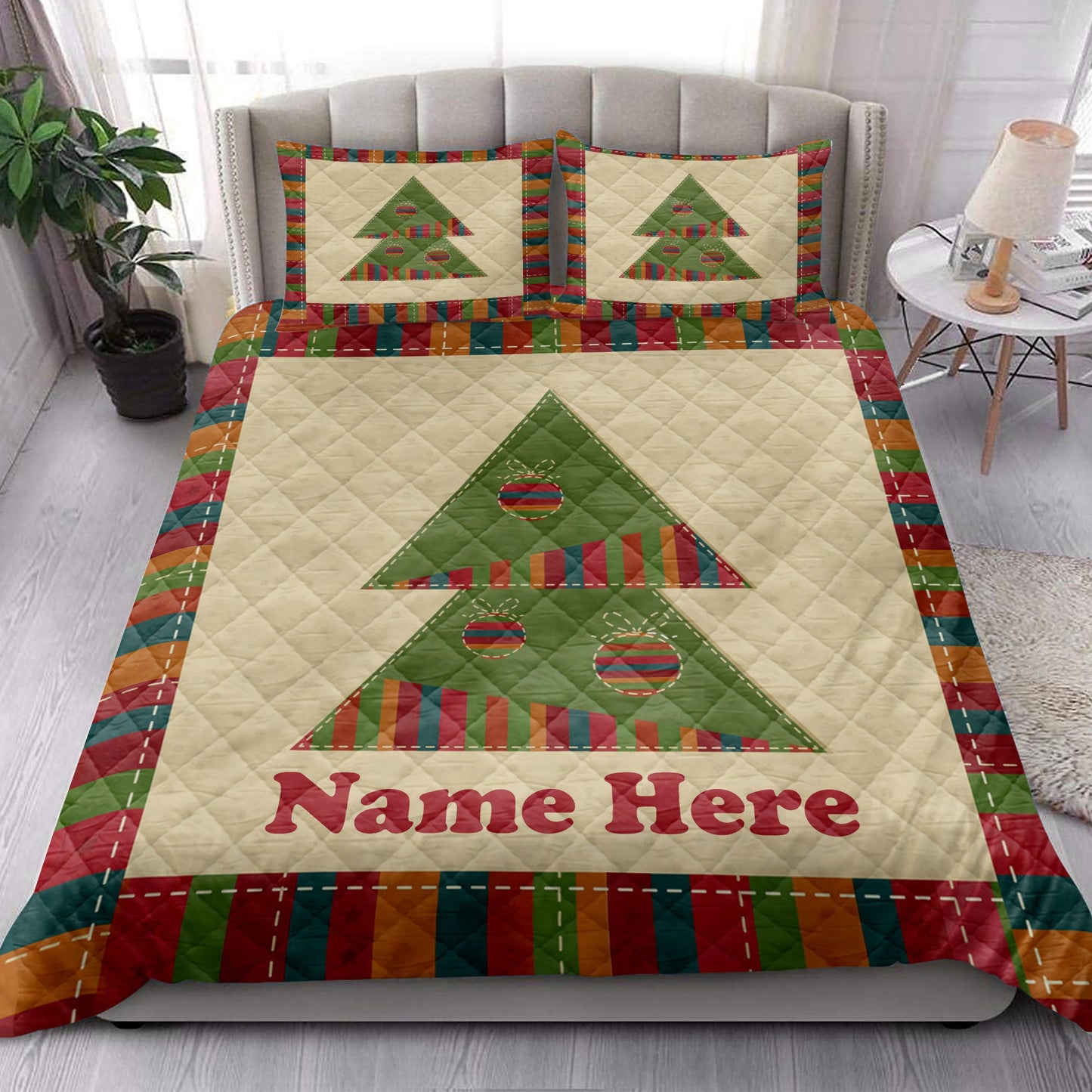 Personalized Christmas Quilt Set, Christmas Tree Greeting Quilt Blanket With Pillowcases, Custom Name Quilt Bedding Set, Christmas Gift