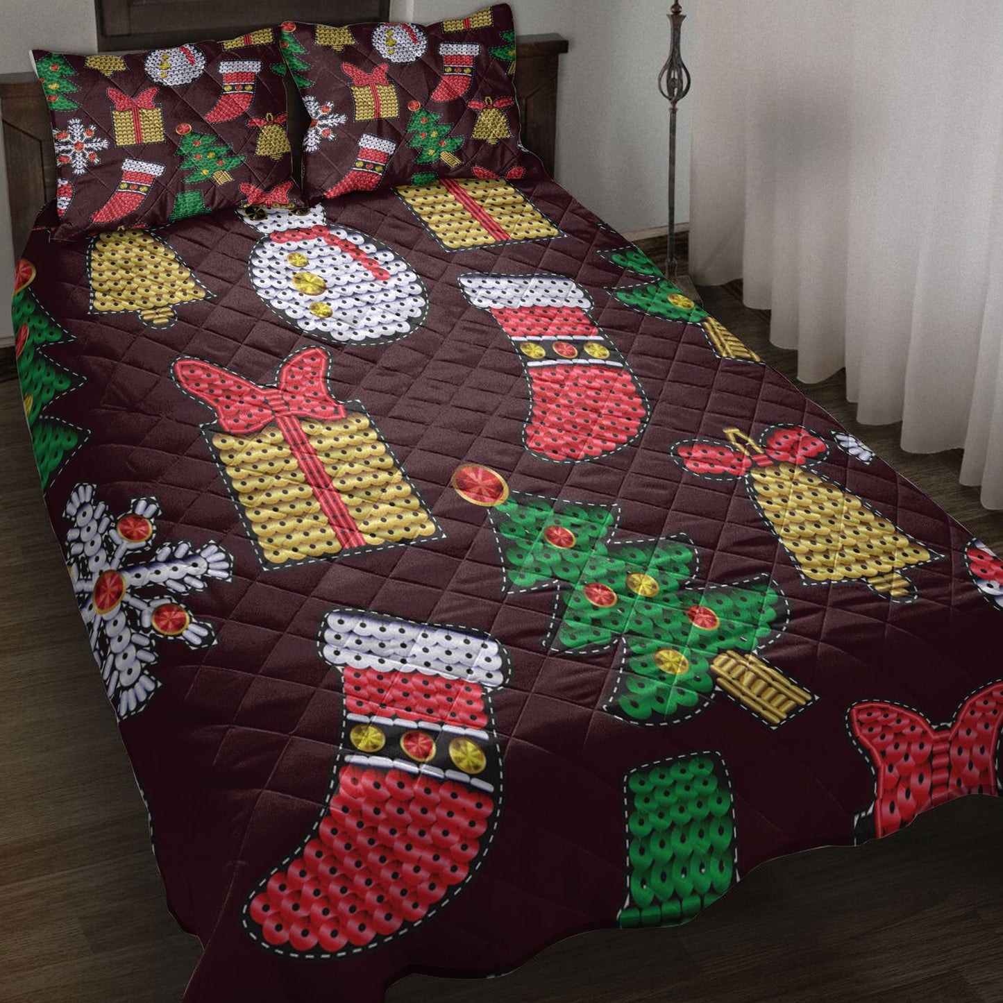Christmas Quilt Set, Christmas Patch With Sequins Xmas Holidays Quilt Blanket With Pillowcases, Quilt Bedding Set, Christmas Gift