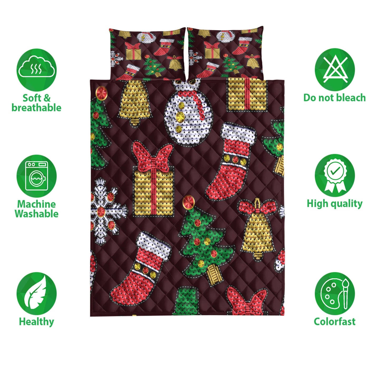 Christmas Quilt Set, Christmas Patch With Sequins Xmas Holidays Quilt Blanket With Pillowcases, Quilt Bedding Set, Christmas Gift