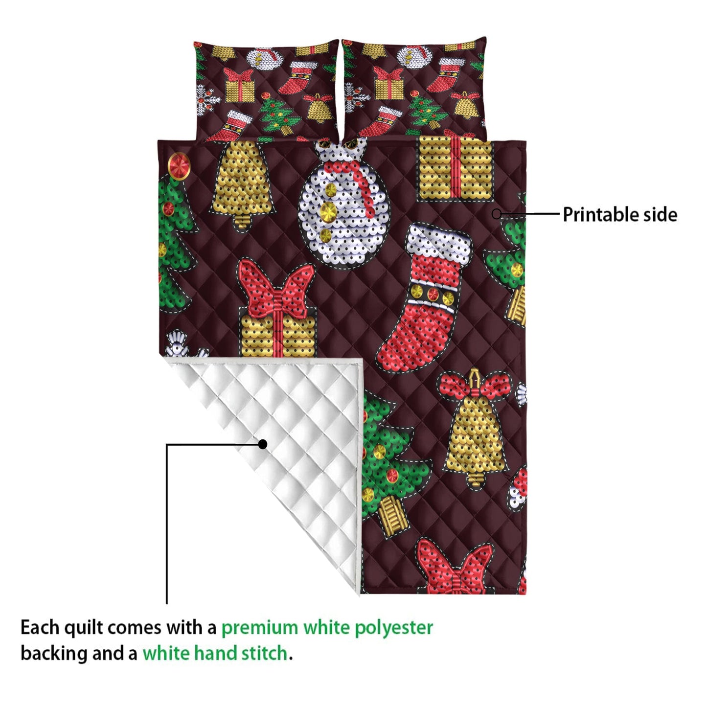 Christmas Quilt Set, Christmas Patch With Sequins Xmas Holidays Quilt Blanket With Pillowcases, Quilt Bedding Set, Christmas Gift