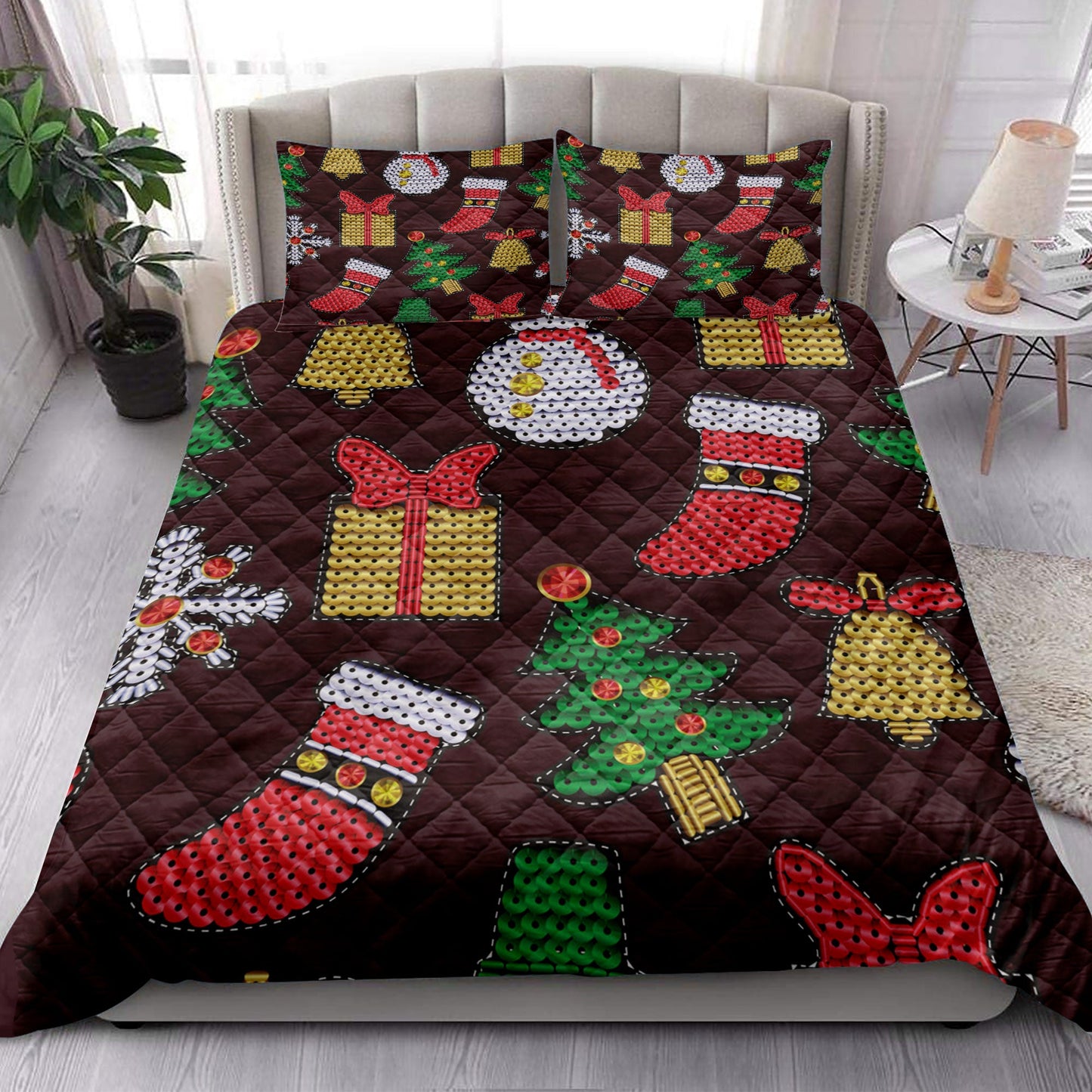 Christmas Quilt Set, Christmas Patch With Sequins Xmas Holidays Quilt Blanket With Pillowcases, Quilt Bedding Set, Christmas Gift