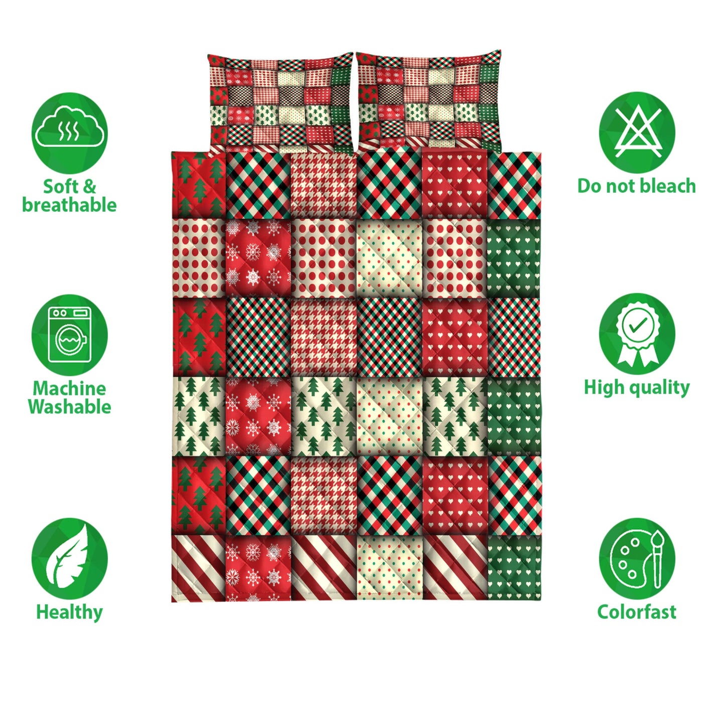 Christmas Quilt Set, Christmas Seamless Patchwork Plaid Xmas Holidays Quilt Blanket With Pillowcases, Quilt Bedding Set, Christmas Gift