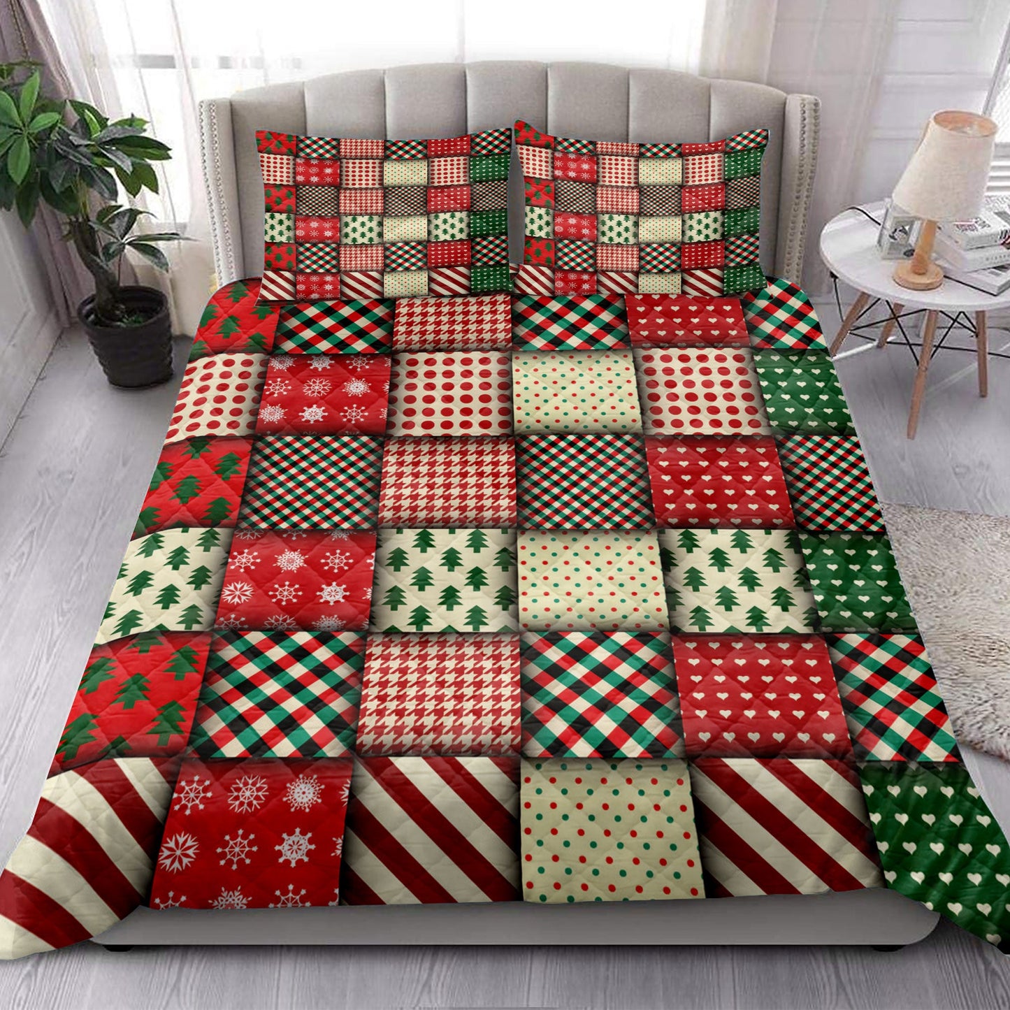 Christmas Quilt Set, Christmas Seamless Patchwork Plaid Xmas Holidays Quilt Blanket With Pillowcases, Quilt Bedding Set, Christmas Gift