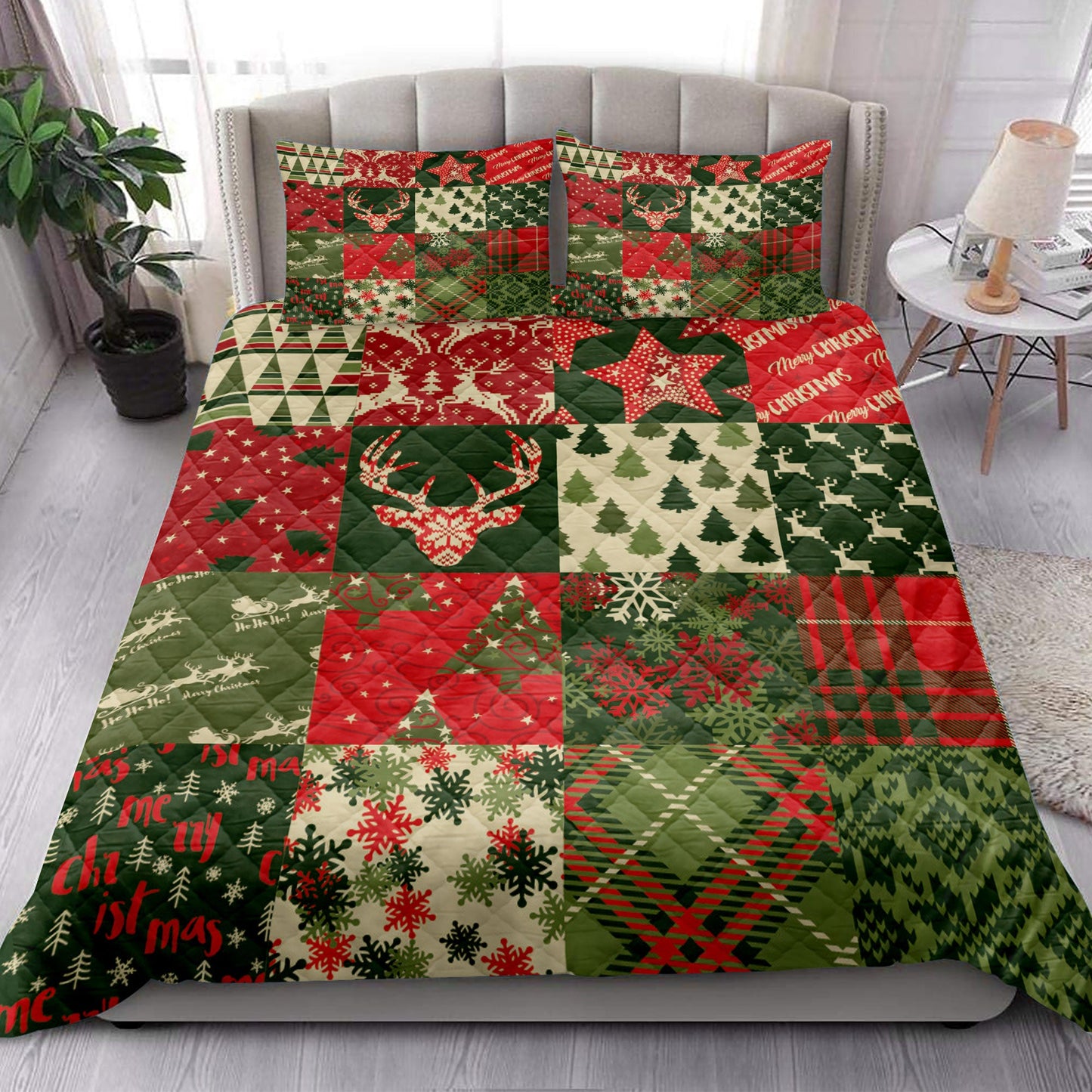 Deer Quilt Set, Christmas Tree Snowflake Santa Cla Us Patchwork Xmas Holiday Quilt Blanket With Pillowcases, Quilt Bedding Set, Christmas Gift