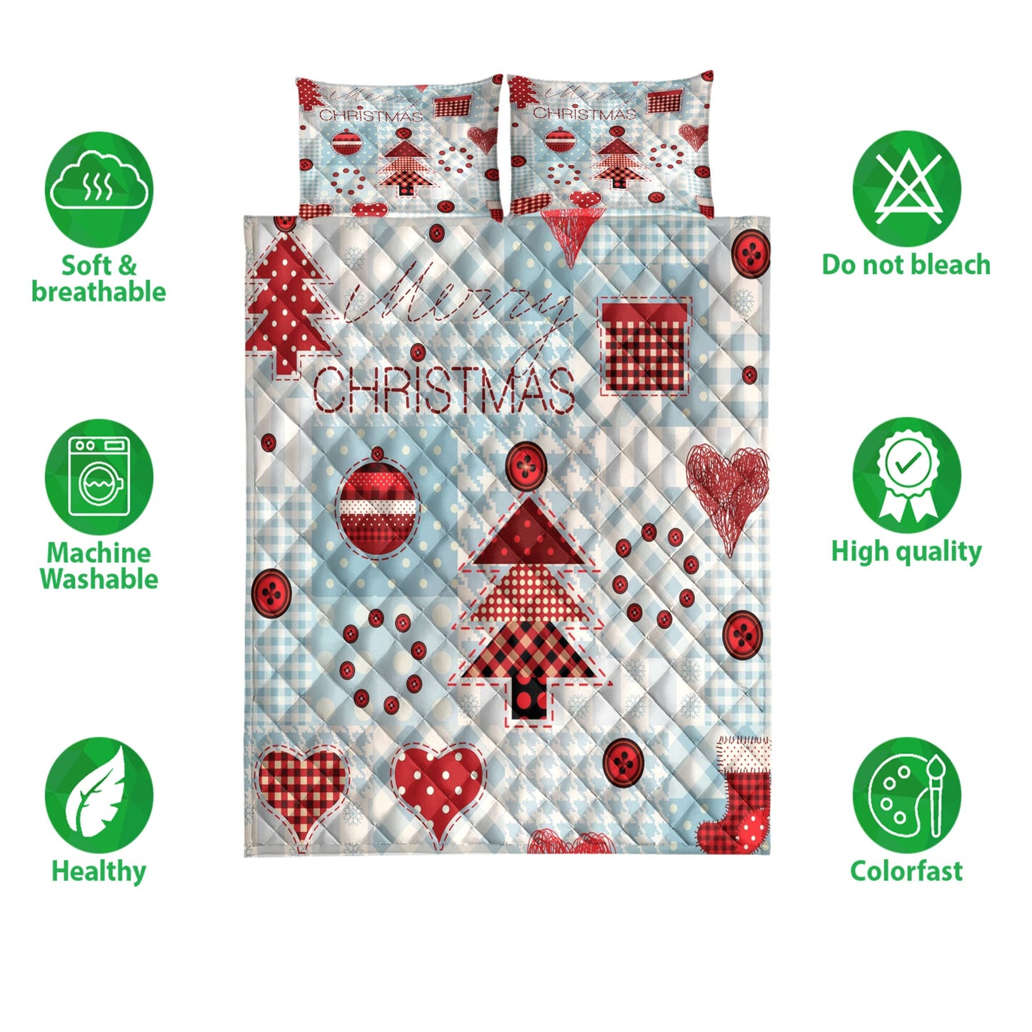 Christmas Quilt Set, Merrymas Snowflake Heart Red Xmas Holiday Quilt Blanket With Pillowcases, Quilt Bedding Set, Christmas Gift