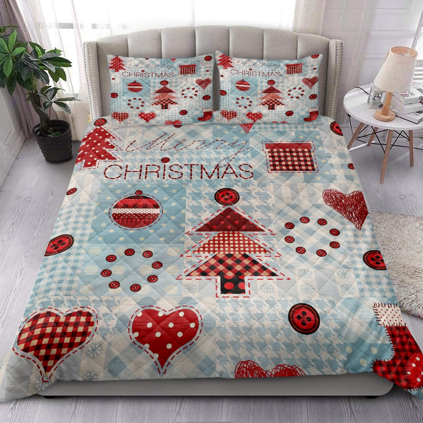 Christmas Quilt Set, Merrymas Snowflake Heart Red Xmas Holiday Quilt Blanket With Pillowcases, Quilt Bedding Set, Christmas Gift