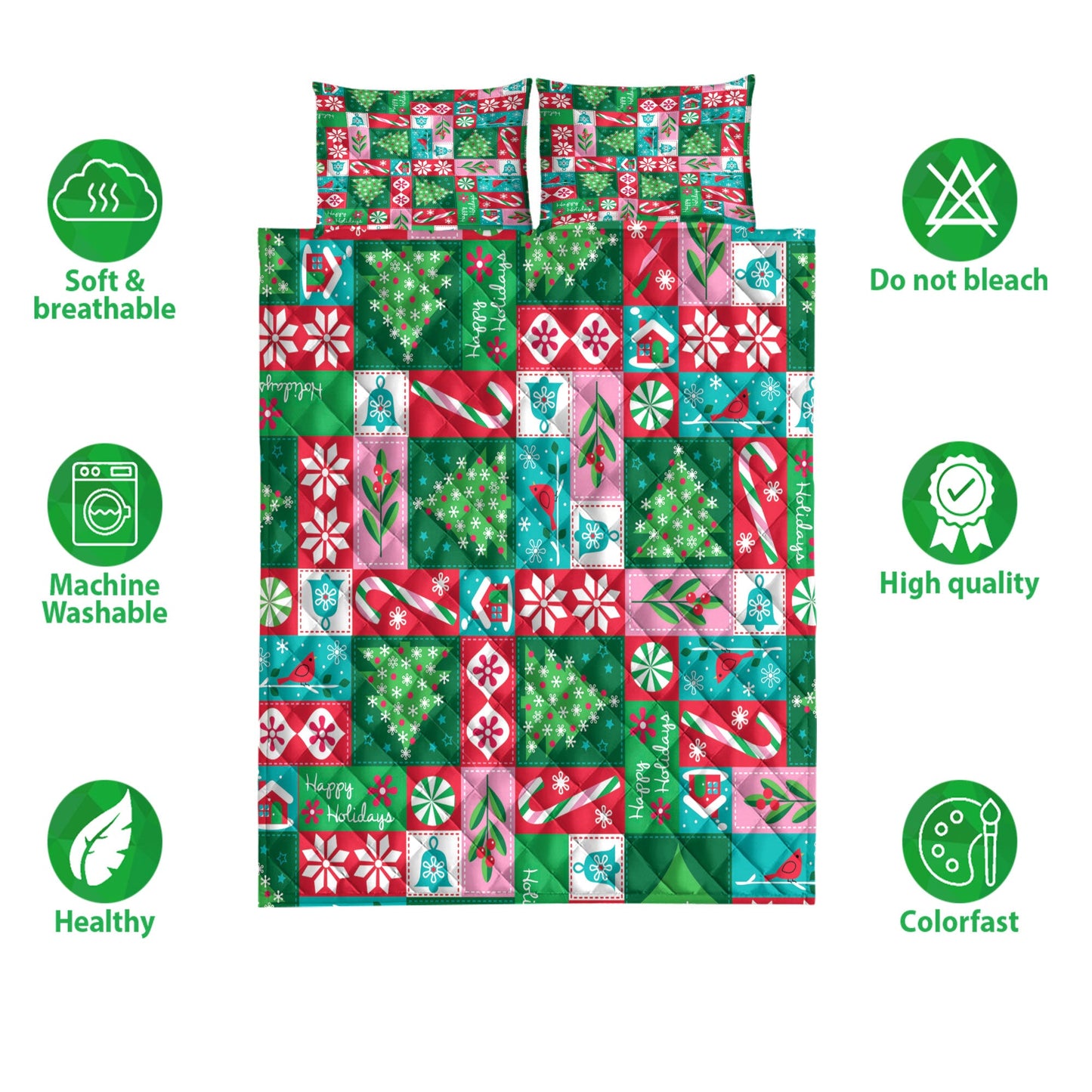 Christmas Quilt Set, Christmas Tree Candy Snowflake Patchwork Xmas Holidays Quilt Blanket With Pillowcases, Quilt Bedding Set, Christmas Gift