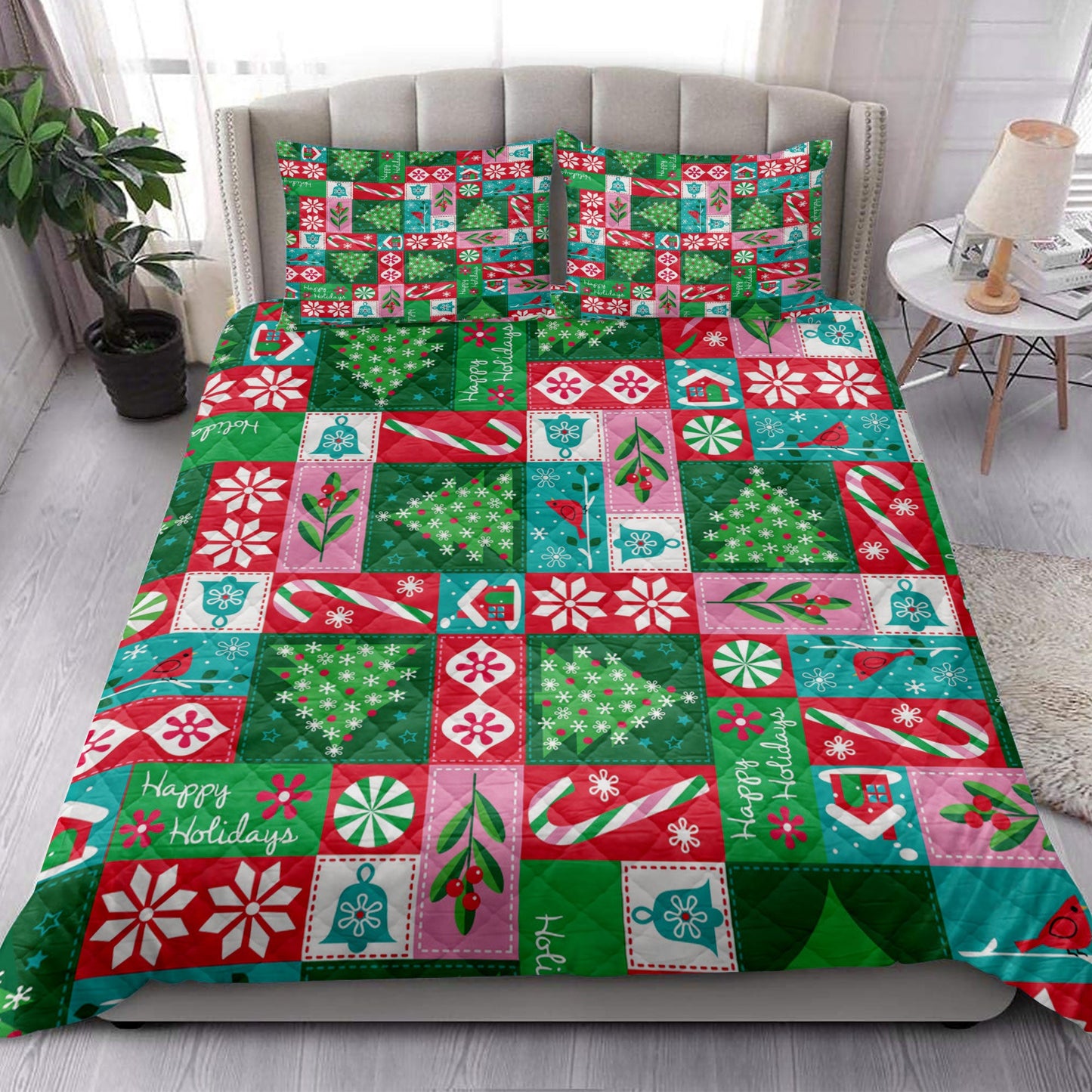 Christmas Quilt Set, Christmas Tree Candy Snowflake Patchwork Xmas Holidays Quilt Blanket With Pillowcases, Quilt Bedding Set, Christmas Gift