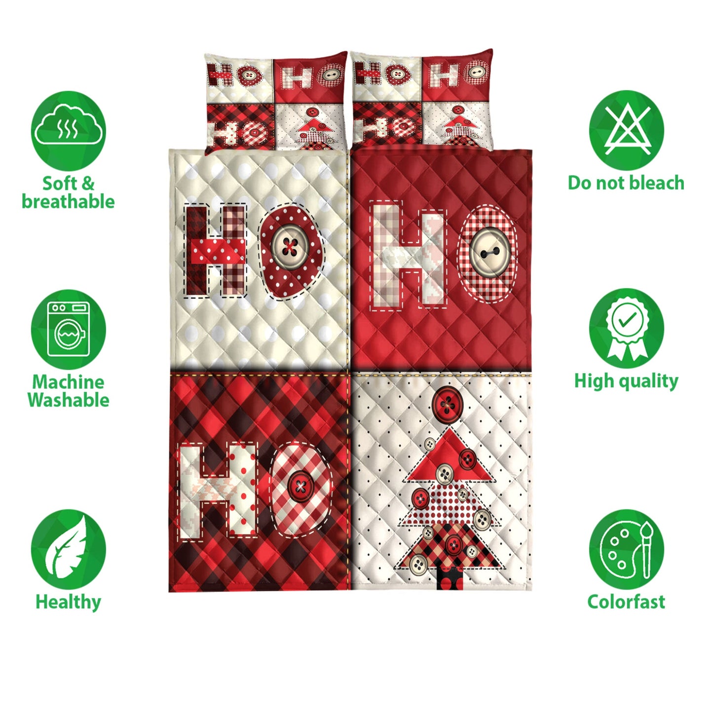 Christmas Quilt Set, Christmas Tree Hohoho Buffalo Red Plaid Xmas Holiday Quilt Blanket With Pillowcases, Quilt Bedding Set, Christmas Gift