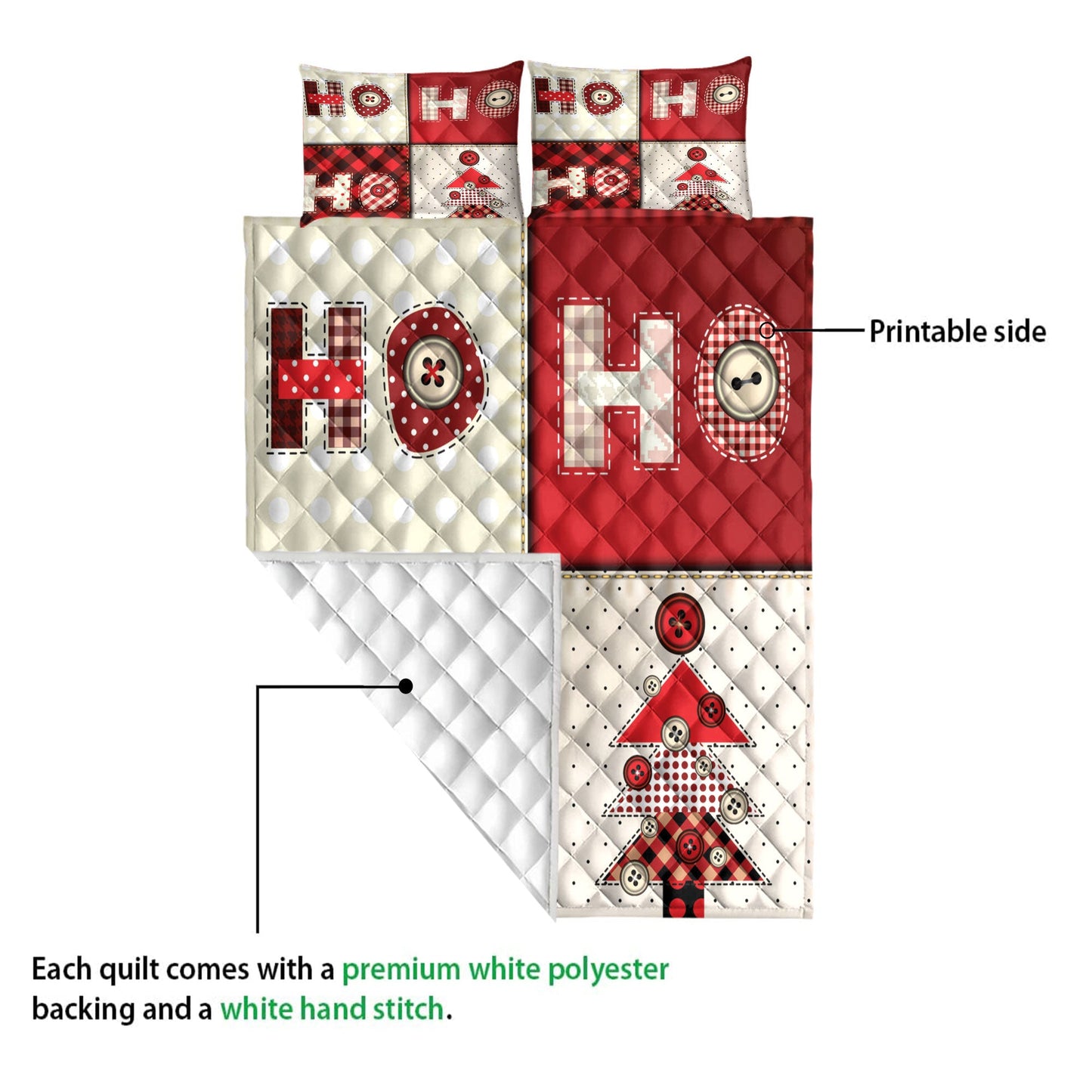 Christmas Quilt Set, Christmas Tree Hohoho Buffalo Red Plaid Xmas Holiday Quilt Blanket With Pillowcases, Quilt Bedding Set, Christmas Gift