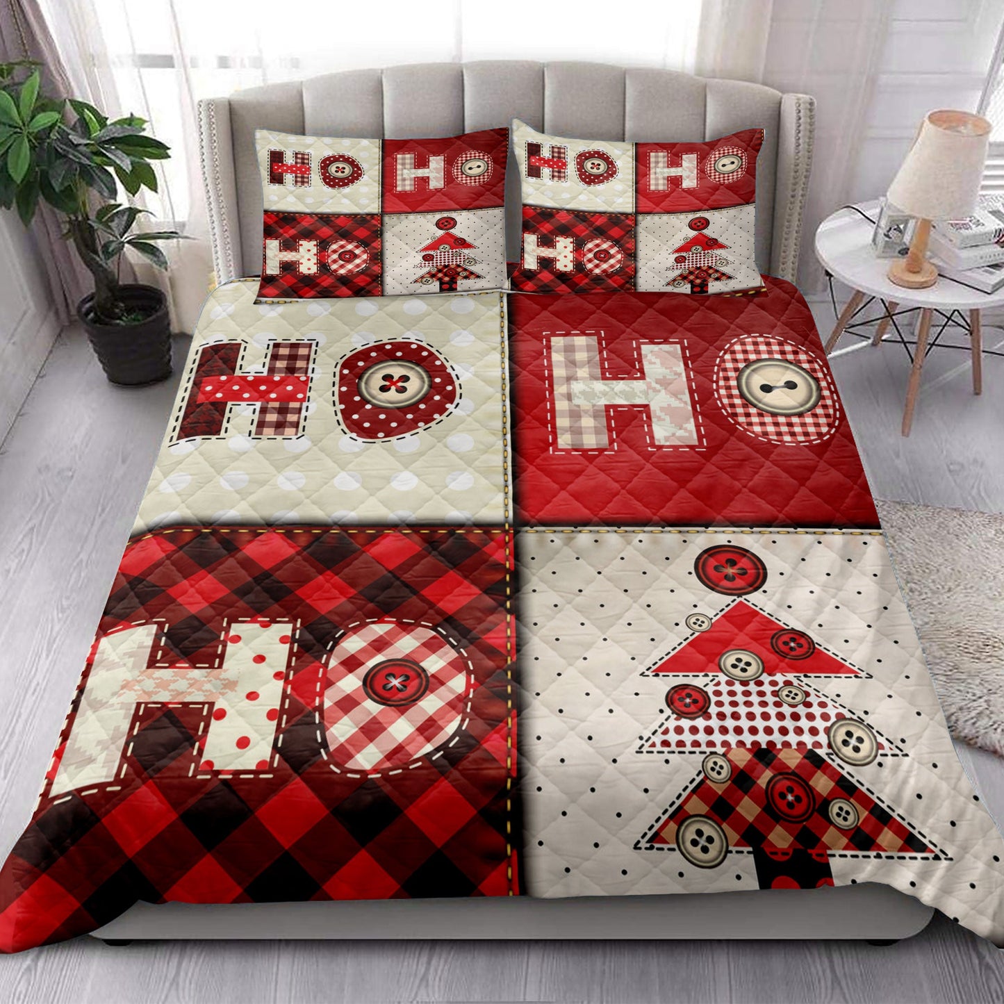 Christmas Quilt Set, Christmas Tree Hohoho Buffalo Red Plaid Xmas Holiday Quilt Blanket With Pillowcases, Quilt Bedding Set, Christmas Gift