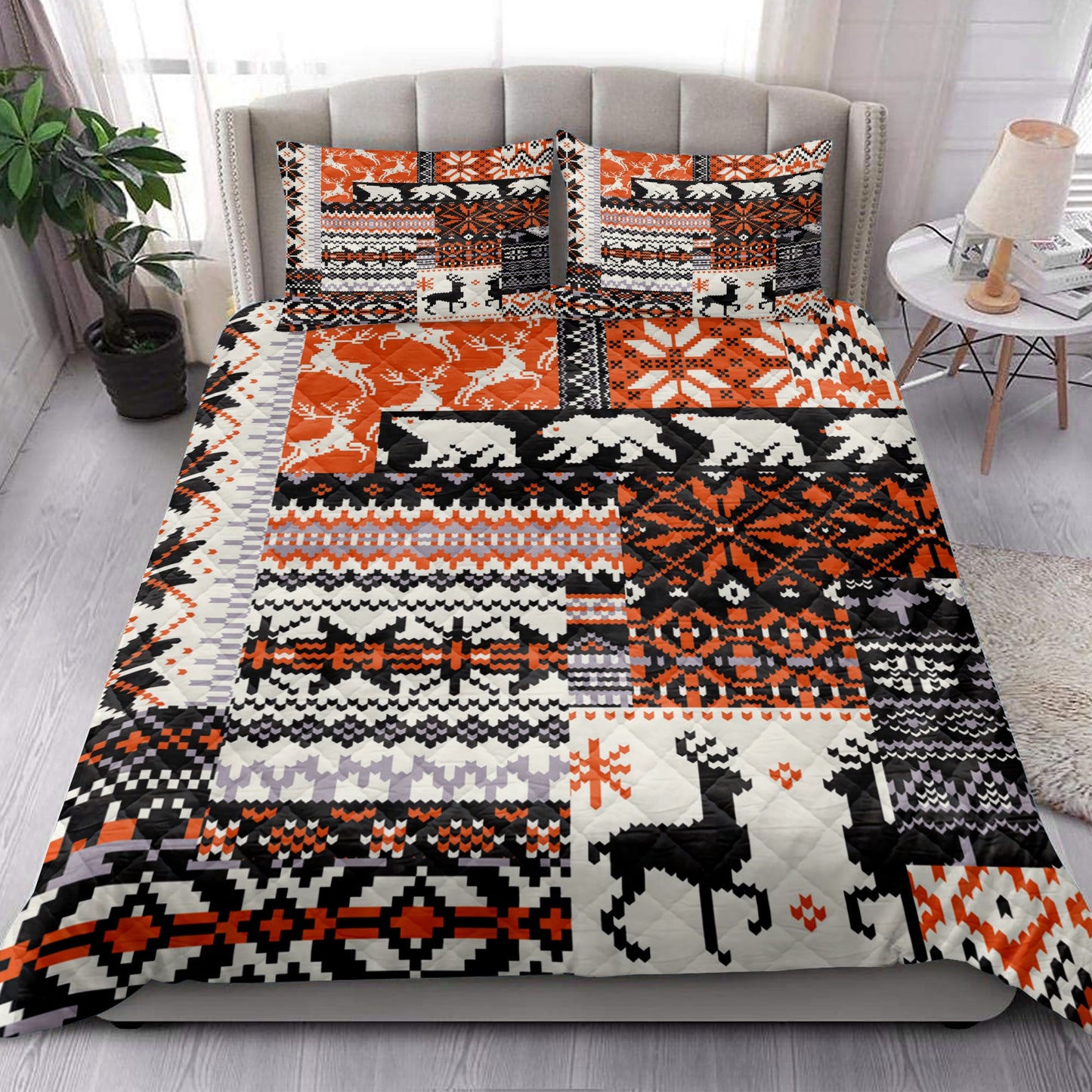 Hunting Quilt Set, Christmas R Ustic Cabin Bear Deer Orange Black Plaid Xmas Holiday Quilt Blanket With Pillowcases, Quilt Bedding Set, Christmas Gift