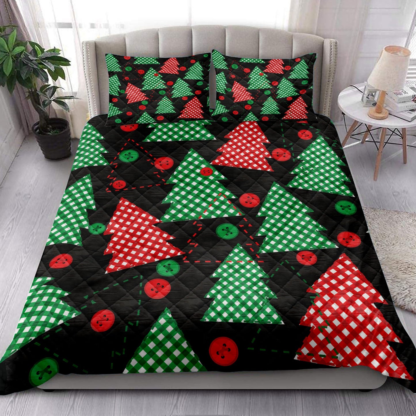 Christmas Quilt Set, Christmas Tree Red Green Plaid Xmas Holidays Quilt Blanket With Pillowcases, Quilt Bedding Set, Christmas Gift