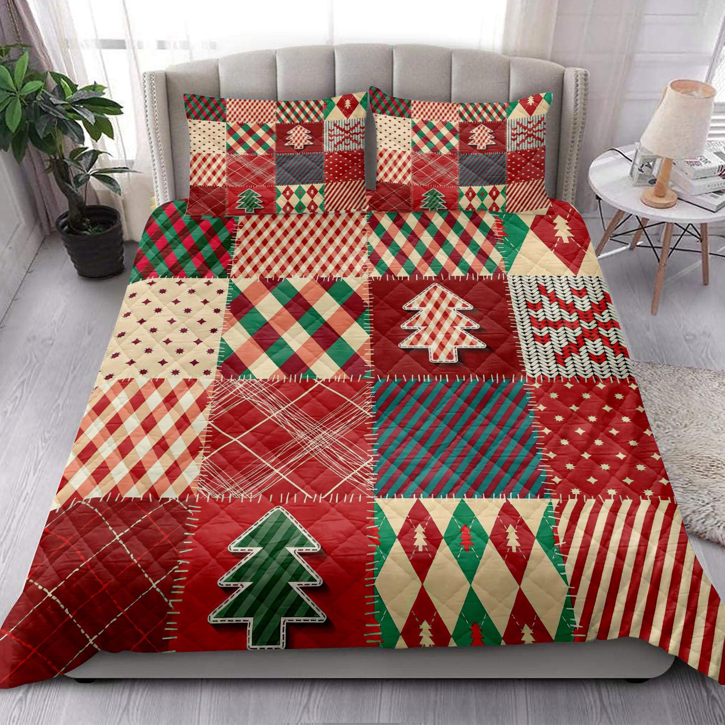 Christmas Quilt Set, Christmas Quilting Red Plaid Xmas Holidays Quilt Blanket With Pillowcases, Quilt Bedding Set, Christmas Gift