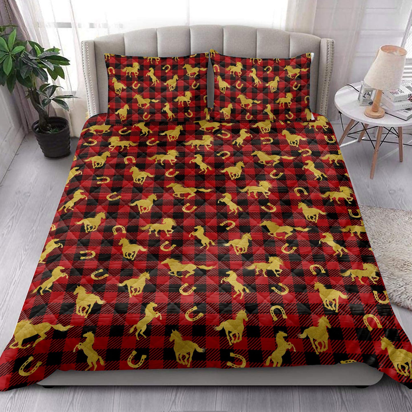 Horse Quilt Set, Horse Horseshoe Gold Glittermas Red Buffalo Plaid Quilt Blanket With Pillowcases, Quilt Bedding Set, Christmas Gift