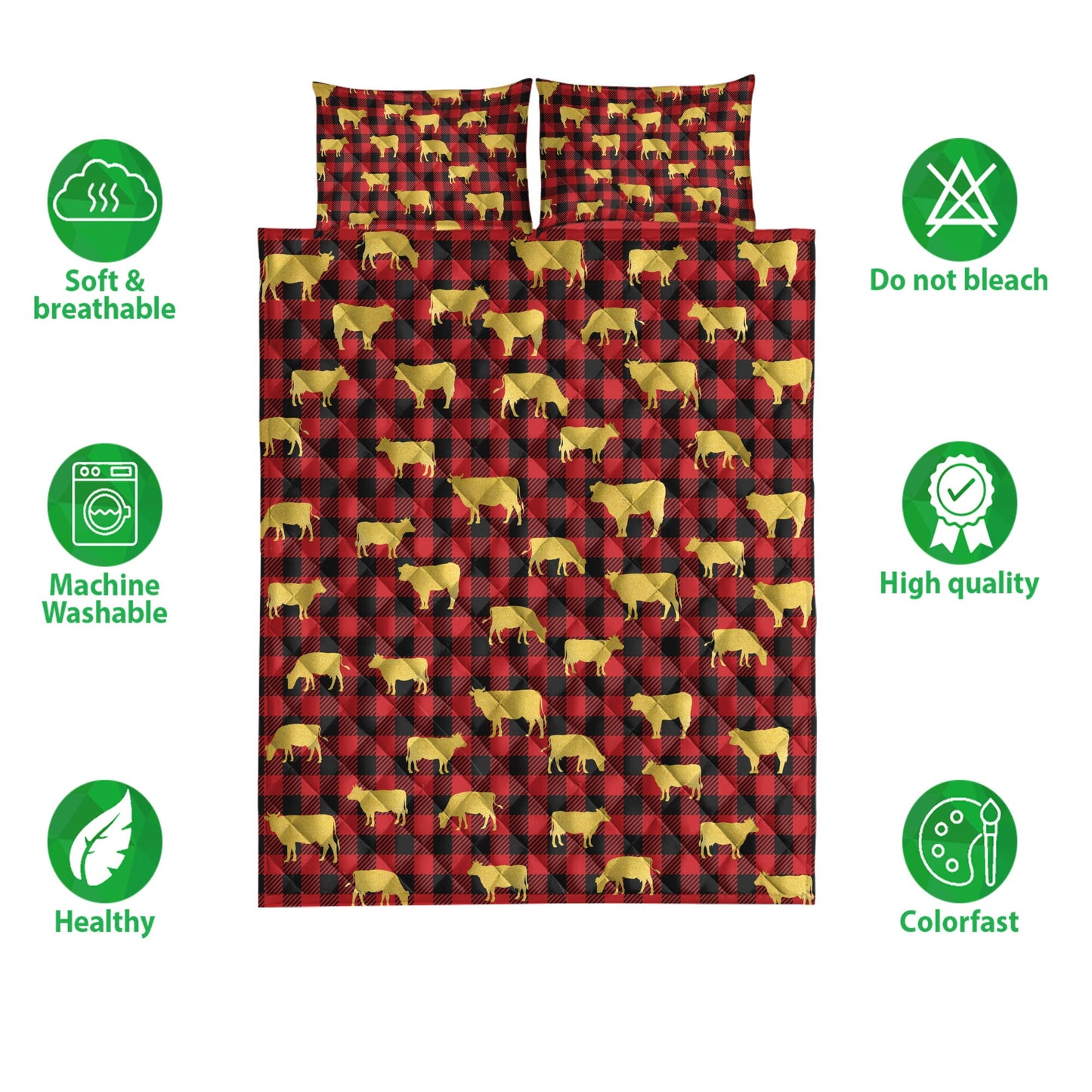 Cow Quilt Set, Gold Glittermas Red Buffalo Plaid Quilt Blanket With Pillowcases, Quilt Bedding Set, Christmas Gift