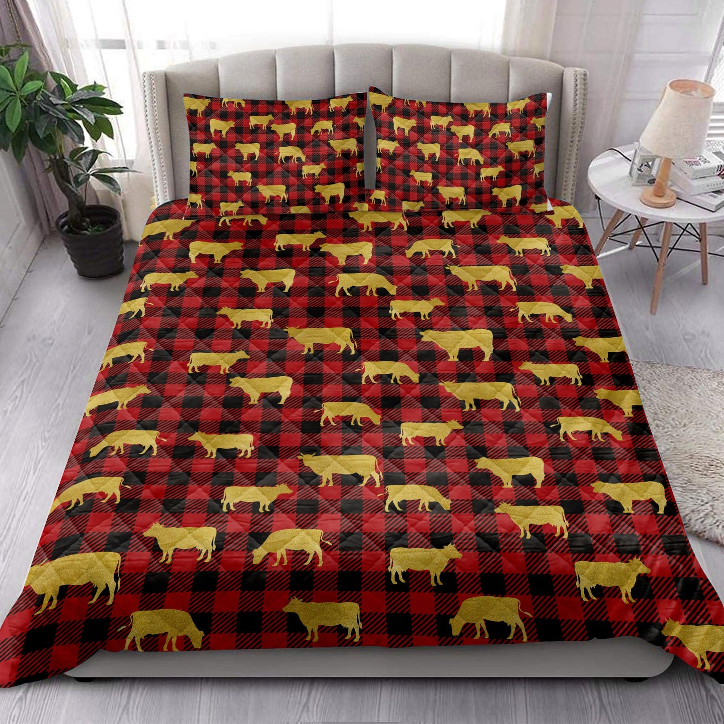 Cow Quilt Set, Gold Glittermas Red Buffalo Plaid Quilt Blanket With Pillowcases, Quilt Bedding Set, Christmas Gift