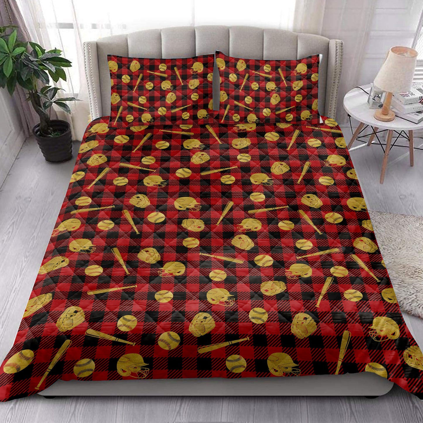 Baseball Quilt Set, Baseball Gold Glittermas Red Buffalo Plaid Quilt Blanket With Pillowcases, Quilt Bedding Set, Christmas Gift, Sports Gifts