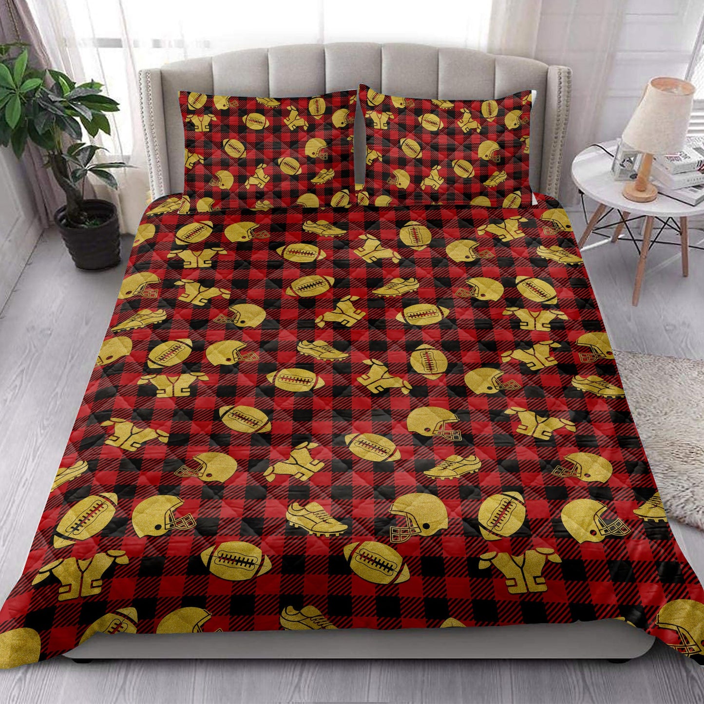 Football Quilt Set, Football Gold Glittermas Red Buffalo Plaid Quilt Blanket With Pillowcases, Quilt Bedding Set, Christmas Gift
