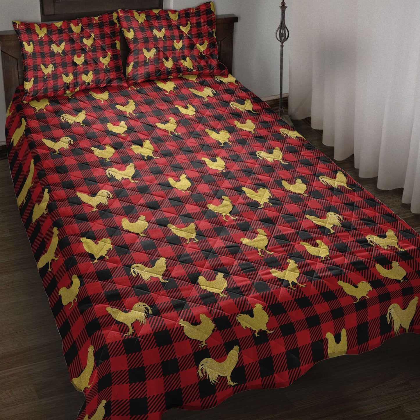 Chicken Quilt Set, Chicken Gold Glittermas Red Buffalo Plaid Quilt Blanket With Pillowcases, Quilt Bedding Set, Christmas Gift