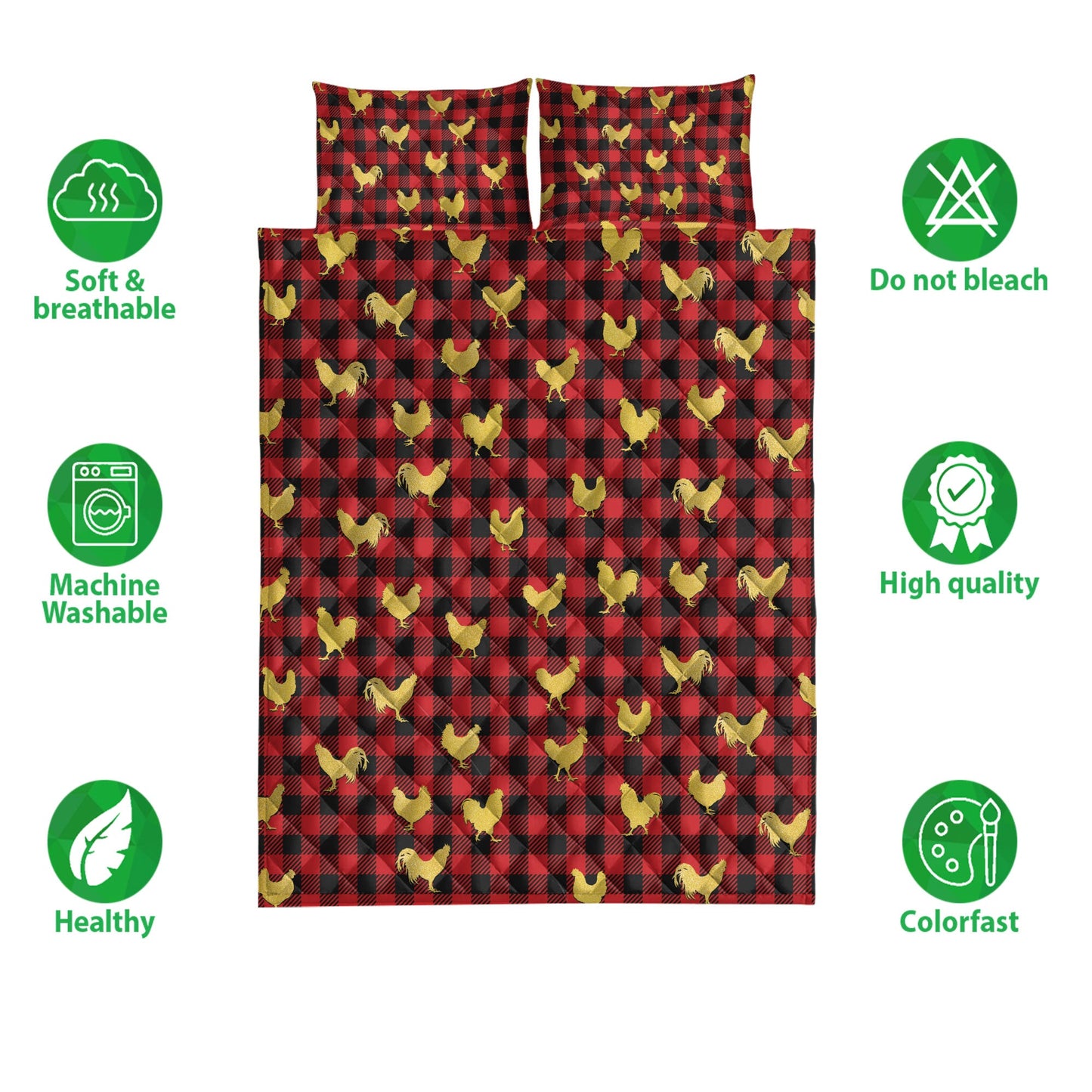 Chicken Quilt Set, Chicken Gold Glittermas Red Buffalo Plaid Quilt Blanket With Pillowcases, Quilt Bedding Set, Christmas Gift