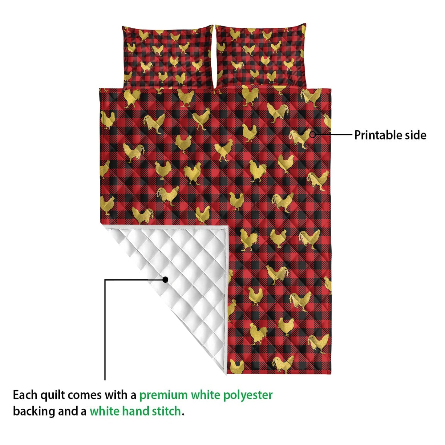 Chicken Quilt Set, Chicken Gold Glittermas Red Buffalo Plaid Quilt Blanket With Pillowcases, Quilt Bedding Set, Christmas Gift