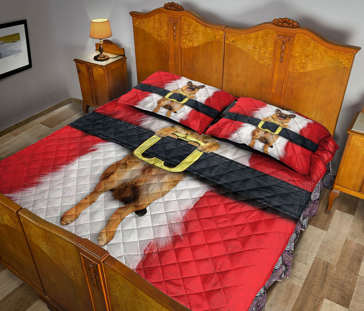 German Shepherd Quilt Set, German Shepherd With Santa Cla Us Quilt Blanket With Pillowcases, Quilt Bedding Set